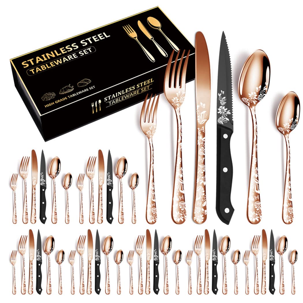 XIAOYU Ensemble d'argenterie 48 pièces, service pour 8, ensemble de couverts en acier inoxydable avec couteaux à steak, motif unique, ensembles couteaux/ fourchettes/cuillères, noir