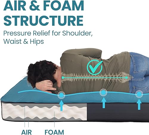 Miniatura 2 de FUNDANGO Colchoneta de dormir autoinflable de 4 pulgadas de grosor con espuma, valor 8.7 R, colchón doble XL, tapete de aire portátil para acampar