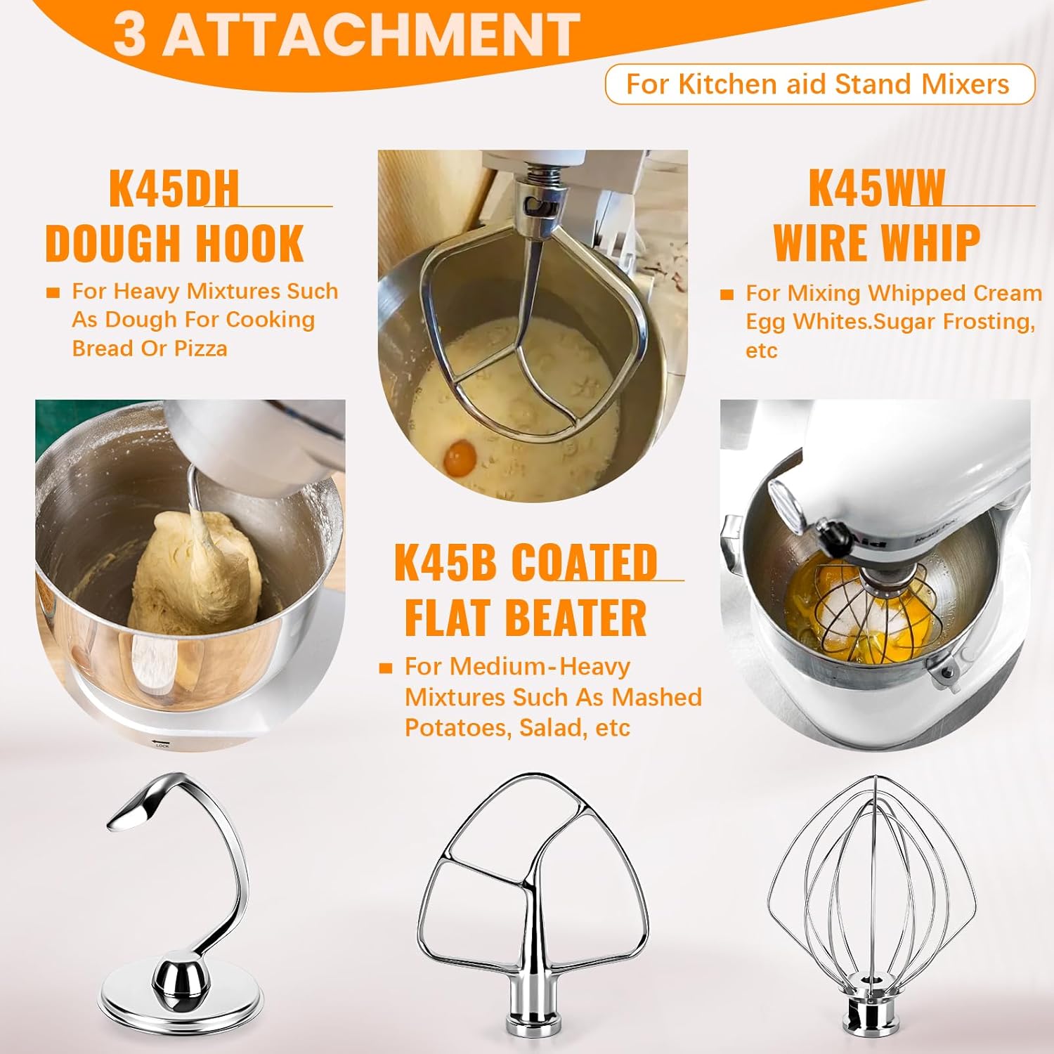 Kitchen Mixers Accessories for KitchenAid Stand Mixers, Stainless Steel Kitchen Mixer Attachment Includes K45WW Wire Whip, K45DH Dough Hook and K45B Flat Beater