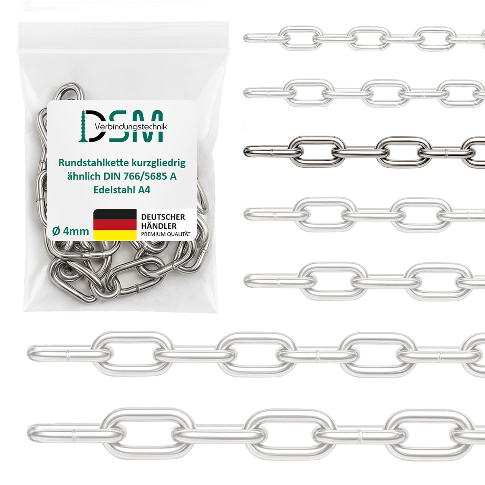 DSM | Rundstahlkette kurzgliedrig ähnl. DIN 766 | 4 mm Ø | Edelstahl A4 | rostfrei & korrosionsbeständig | geeignet für Outdoor, Garten, Boot & Industrie | Bruchlast 770 kg | 1,5 m Meterware