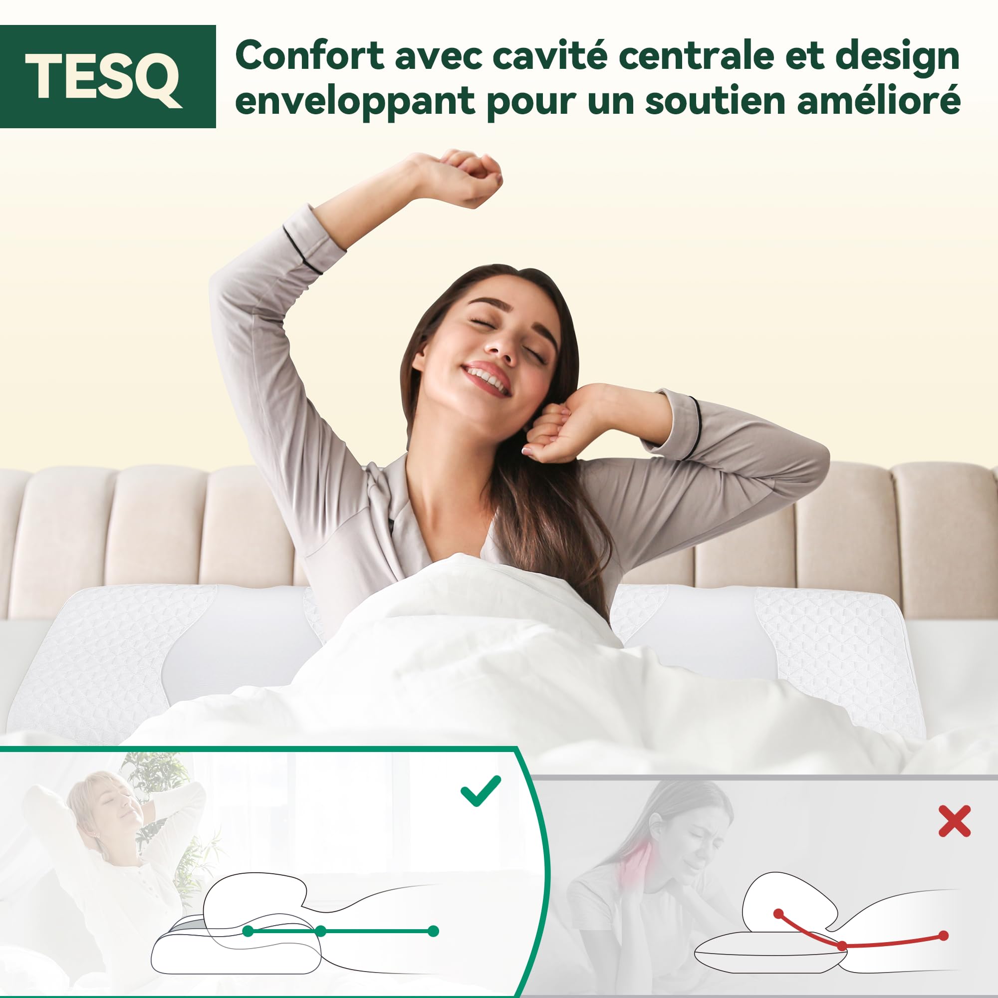 TESQ Cuscino Memory Foam Cuscini Letto Regolabile in Altezza – Ideale per Chi Dorme di Fianco, sulla Schiena o sulla Pancia, Federa Lavabile 40 x 60 cm