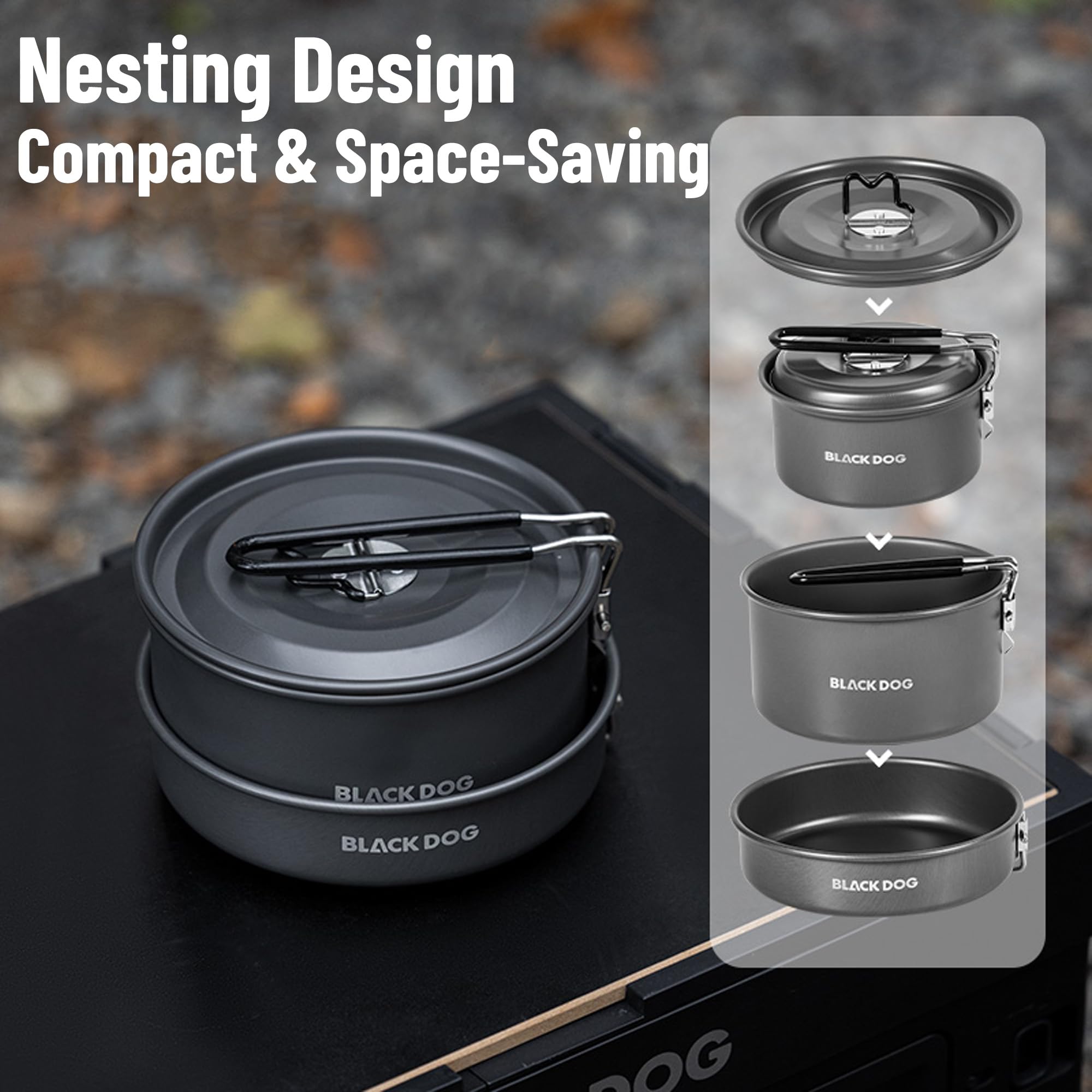Naturehike Blackdog Ultraleichtes Camping-Kochgeschirr-Set – 3-teiliges kompaktes Nisttopf- und Pfannen-Set, 0,6 kg Aluminium, Camping-Kochset für Rucksackreisen, Herd, 2–4 Personen, Outdoor, Camping