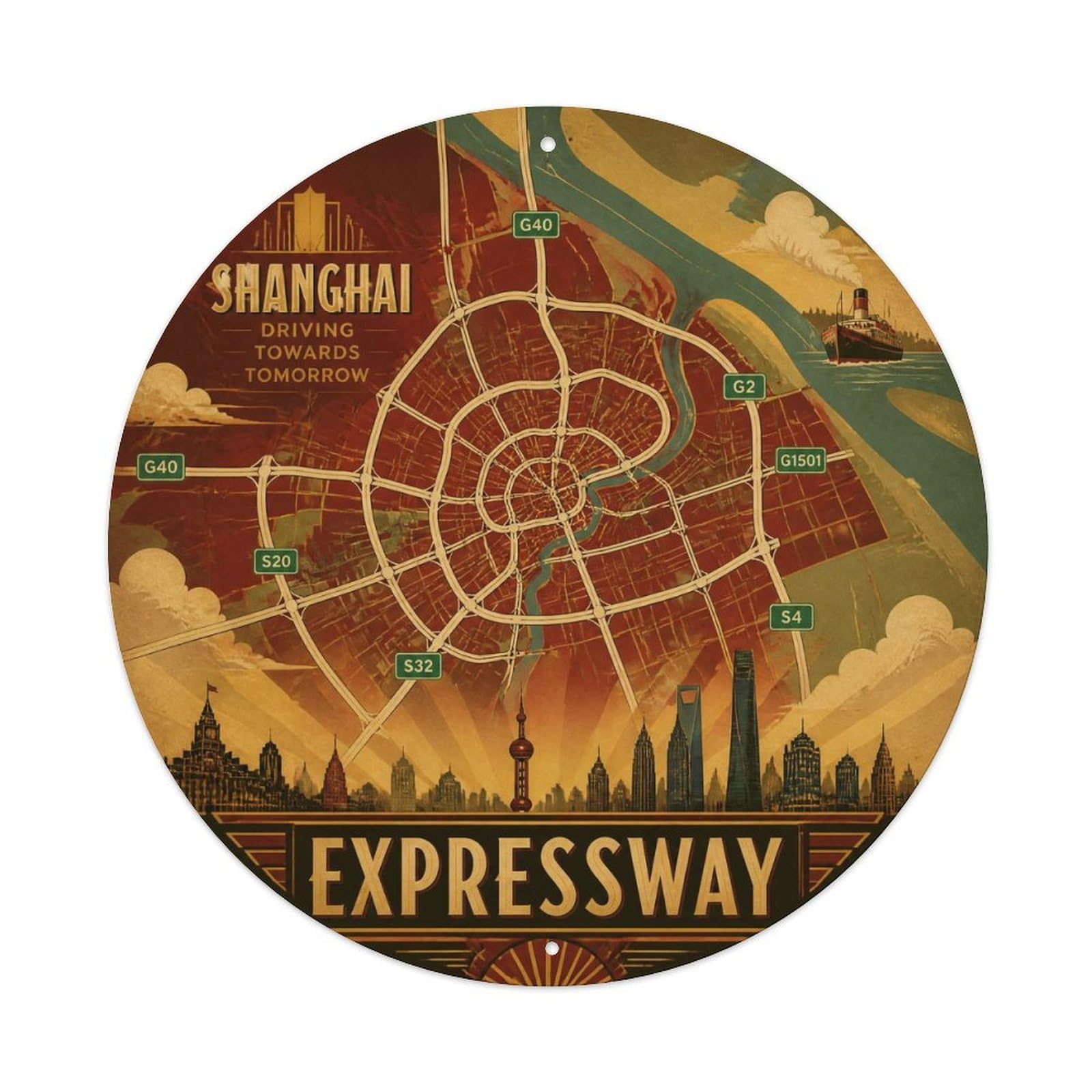 Okngb Style Expressway Route Shanghai Riverfront Map Retro Lines Metal Tin Sign Plaque Wall Decor For Cafe, Man Cave, Club Bar, Office, Home Garden Round Metal Poster 8X8inch