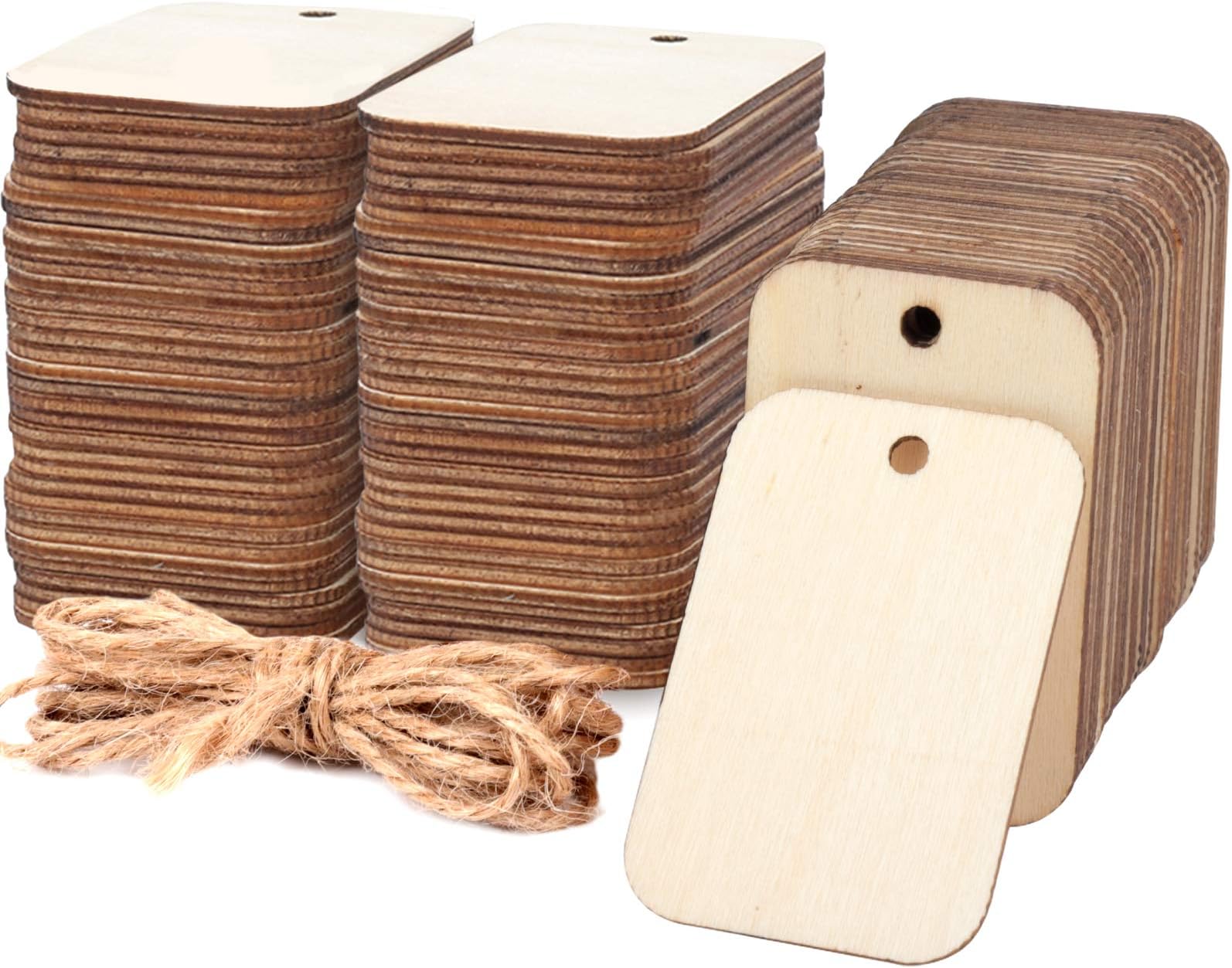HNYYZL 100 Pcs Unfinished Wood Pieces Rectangle-Shaped, Light Wooden Cutout Natural Rustic with Hole, and 2M Hemp Rope, for Craft Projects, Hanging Decorations, Painting, Staining (2” x 1.3”)