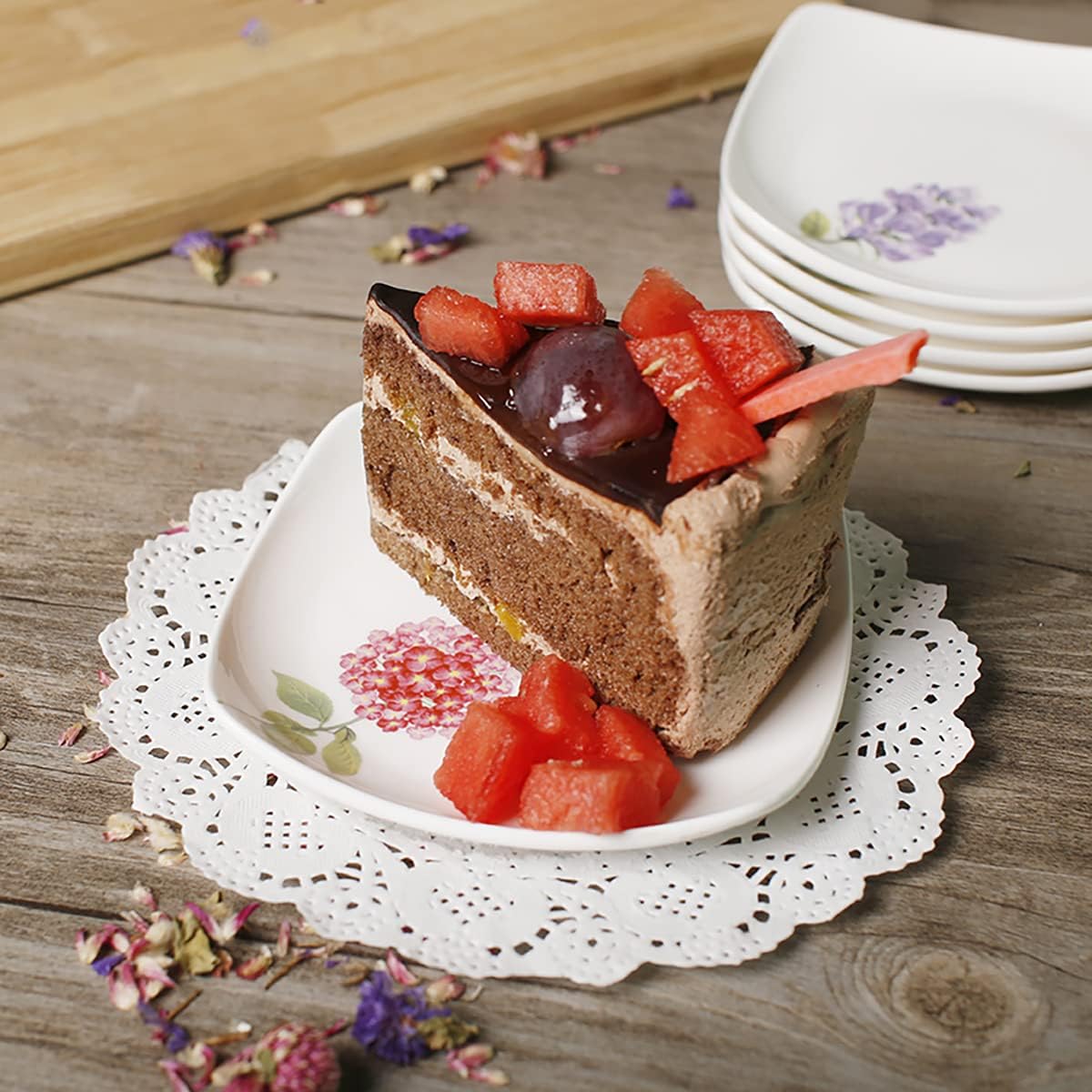 Flowers Pattern Square Plates Set, Ceramic Dessert Plates, Appetizer Plates, 5 Inch, Set of 6,