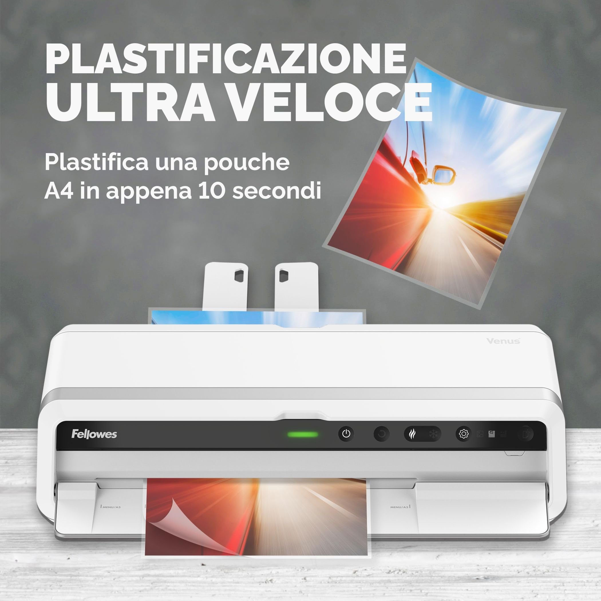 Fellowes plastificatrice a caldo Venus A3, formato A3, fino a 250 micron, per ufficio, riscaldamento rapido, con retromarcia e modalità riposo, colore bianco, incluso starter pack di 10 pouches