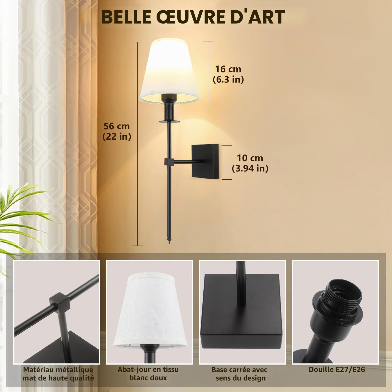 Applique Murale sans Fil Dimmable, 5000mAh Ampoule Rechargeable Amovible et Télécommande, 400 LM Lampe Murale sans Fil pour Salon Chambre Couloir, 2 Pack, Noir