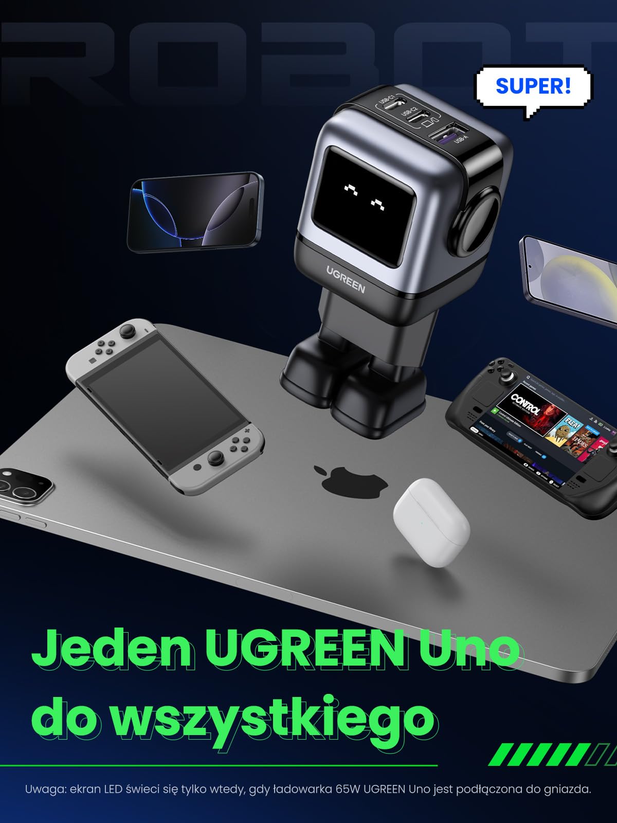 UGREEN Uno USB C Charger 65W USB C Power Supply 3-Port Fast Charger LED Display kompatybilny z MacBook, iPad, iPhone 16, Galaxy S24 Ultra, Steam Deck (czarny)