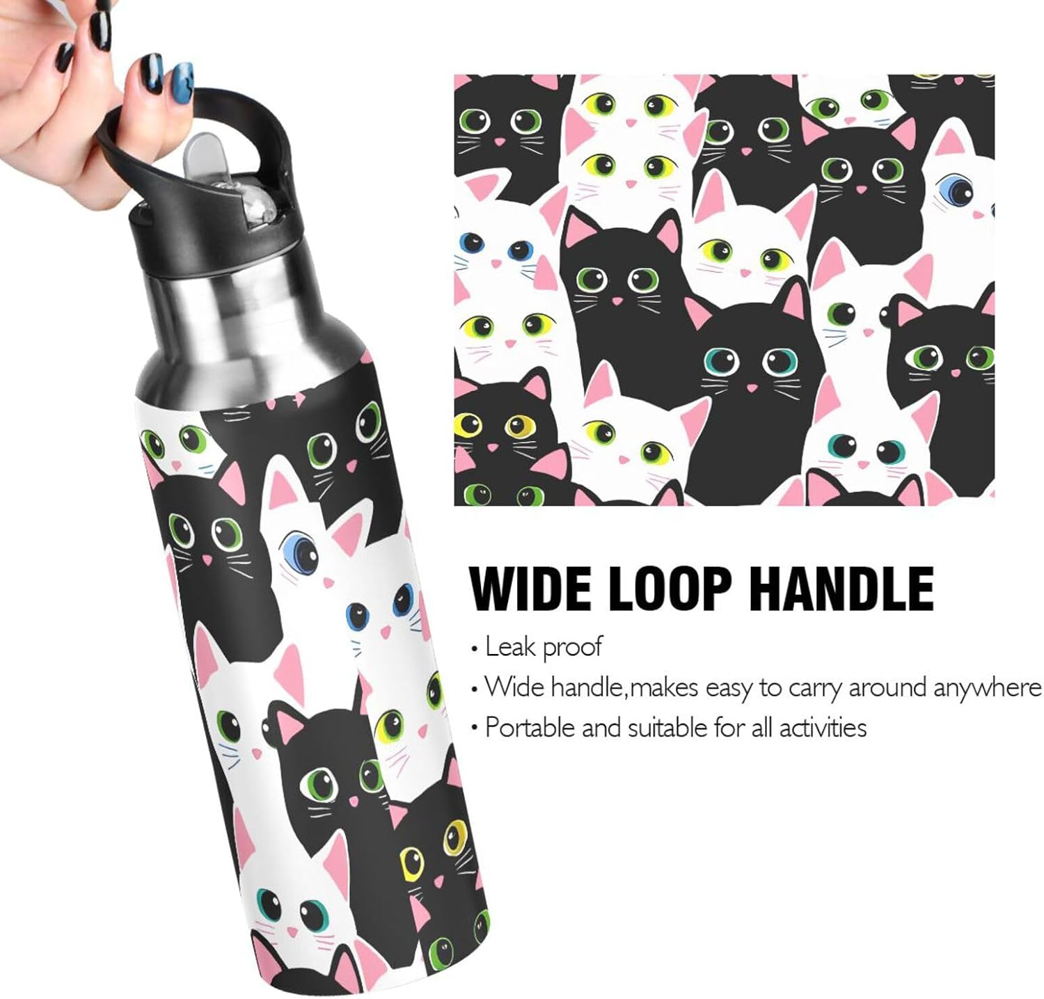 Cat Black White Cartoon Water Bottle
