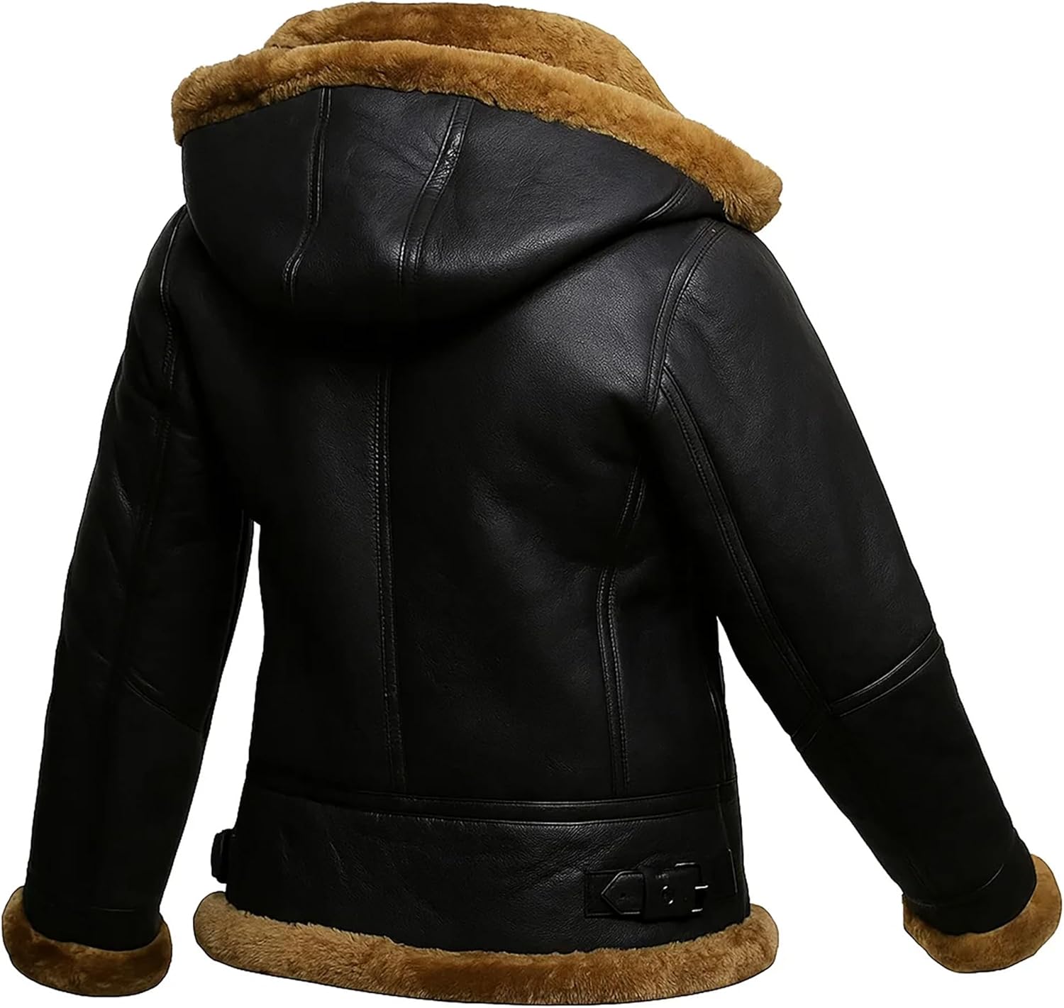 Women's B3 Bomber Winter Warm Fur Shearling Aviator Coat - Pilot Removable Hoodie Sheepskin Brown Leather Jacket