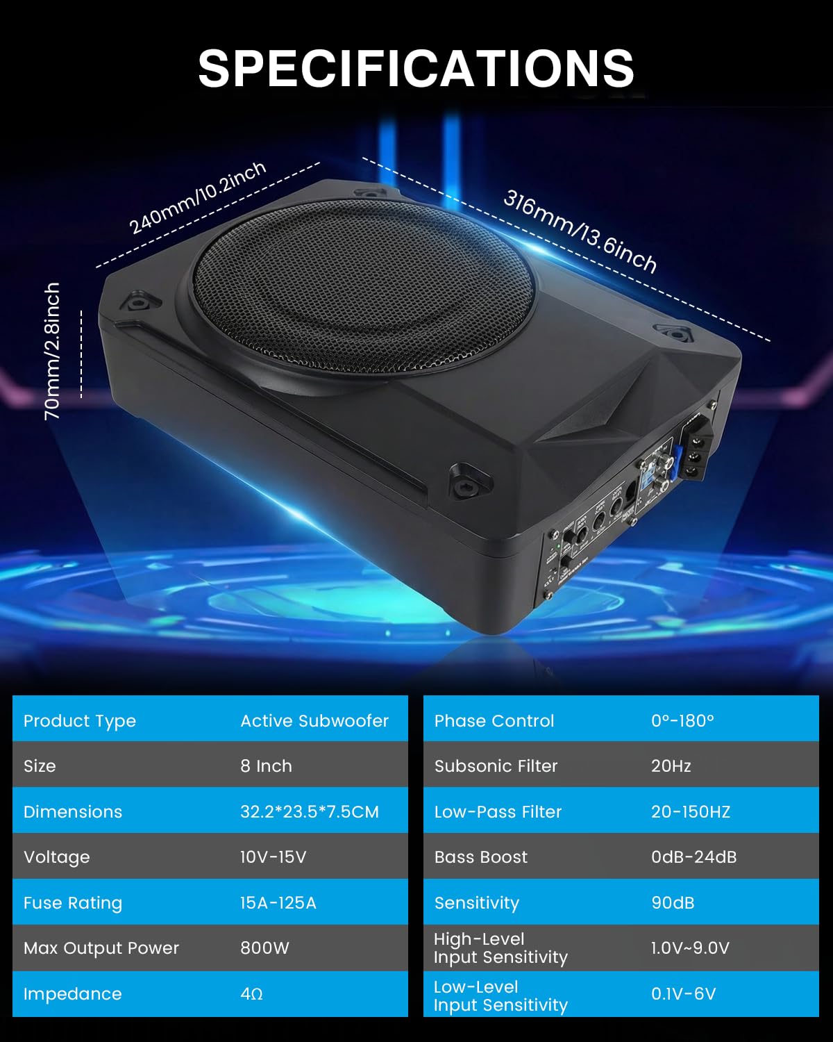 Subwoofer Attivo per Auto, Potenza Massima 800W, 8" Subwoofer Compatto da Installare Sotto il Sedile, Amplificatore Integrato, Subwoofer Chiuso, Nero, Compatibile con Diversi Modelli di Auto
