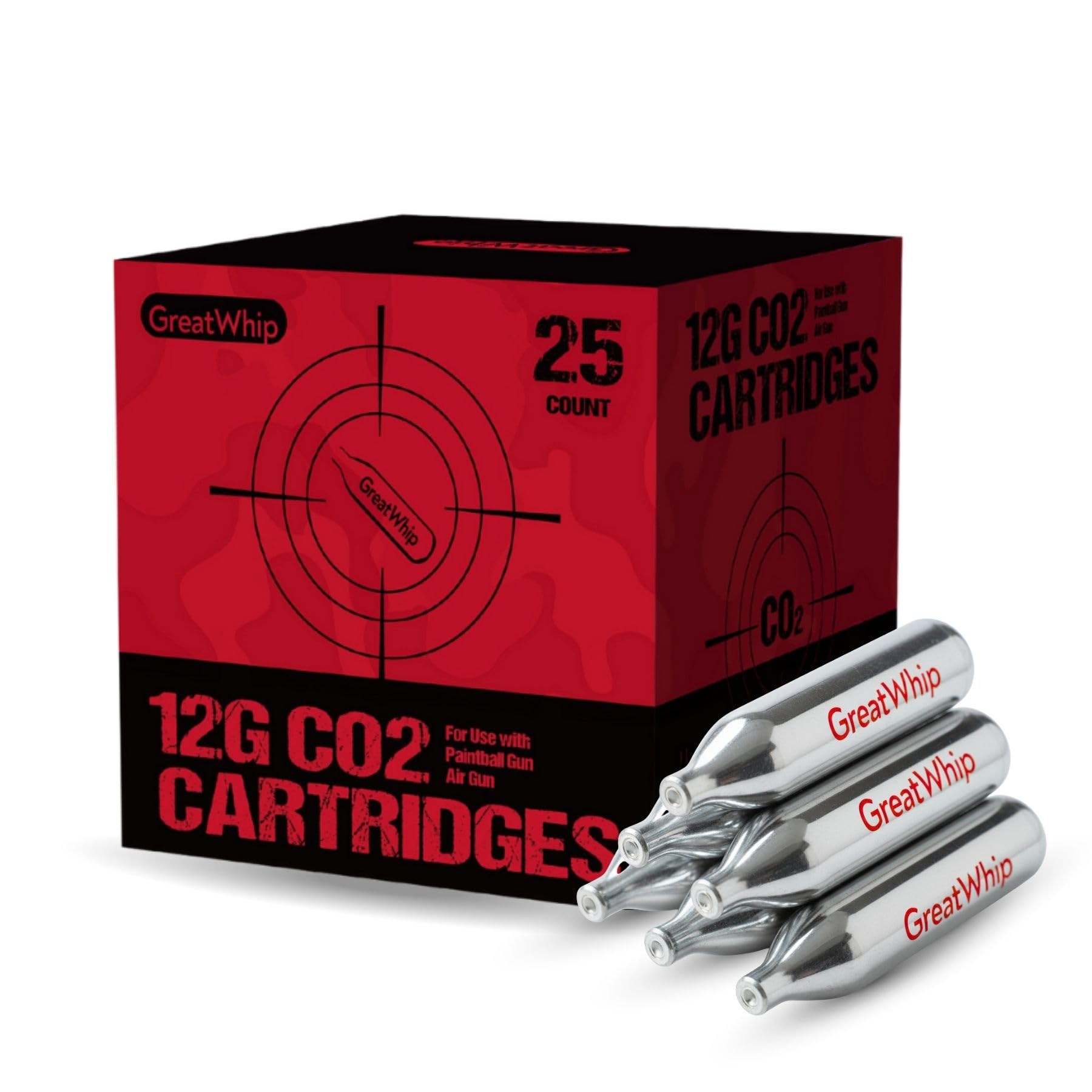 GreatWhip 25 x 12g CO2 Cartridges Non-Threaded Compatible to CO2 BB Gun, Air Gun, Airsoft Gun, Air Pistol, Air Rifle (25 Count)