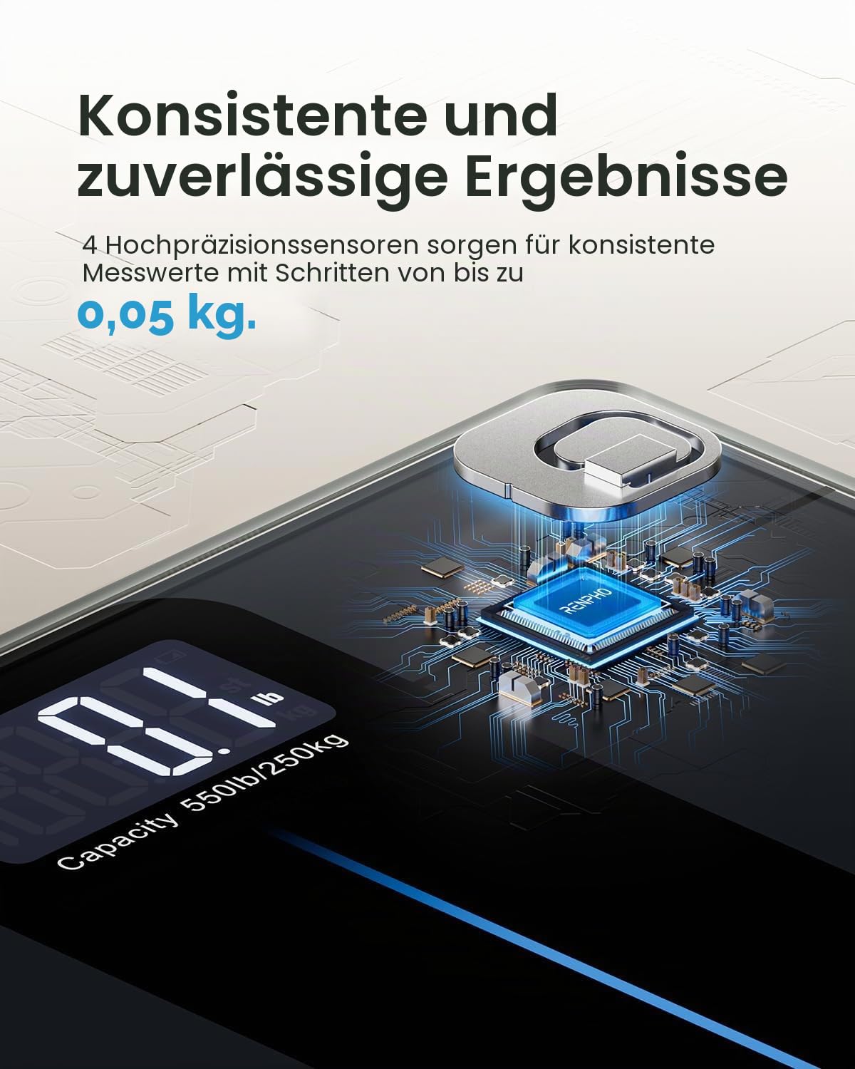 RENPHO Personenwaage Digital Testsieger 2026 – Personenwaage bis 250 kg, extra große Plattform 33 x 30 cm, extrem hohe Tragkraft, große LED-Anzeige, höchste Genauigkeit 50 g, Körperwaage Core 1L