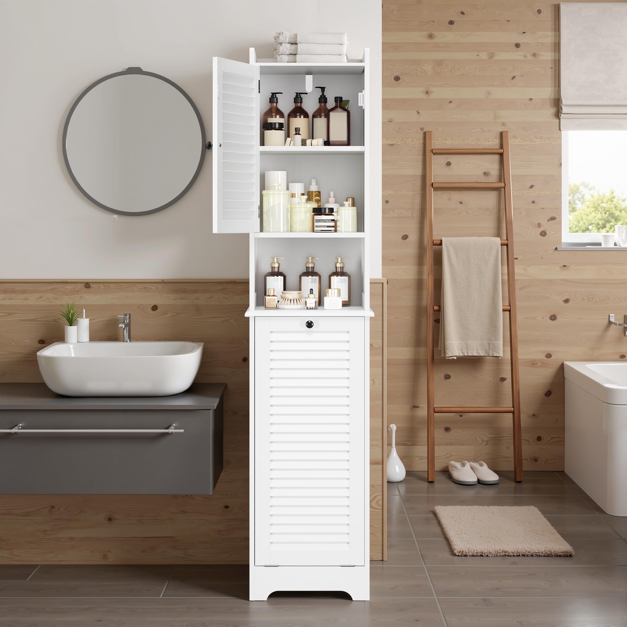 Xbro Mueble Baño con Cesto para Ropa, Armario Columna con Estantería y Puerta con Balda Ajustable, para Baño Pequeño, 40 x 170 x 37 cm, Blanco