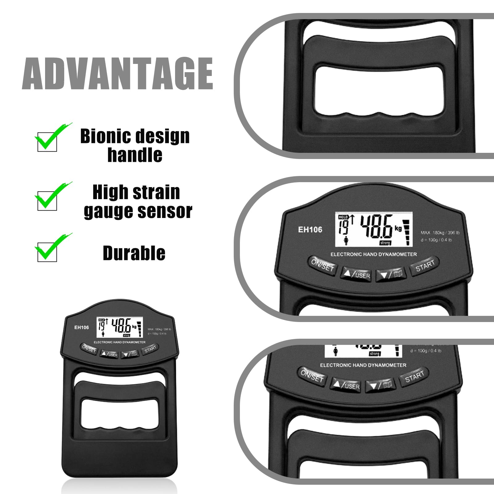 Medidor de fuerza digital manual, 396 lb/180 kg, color negro, dinamómetro de mano con cable de carga USB, gran pantalla LED