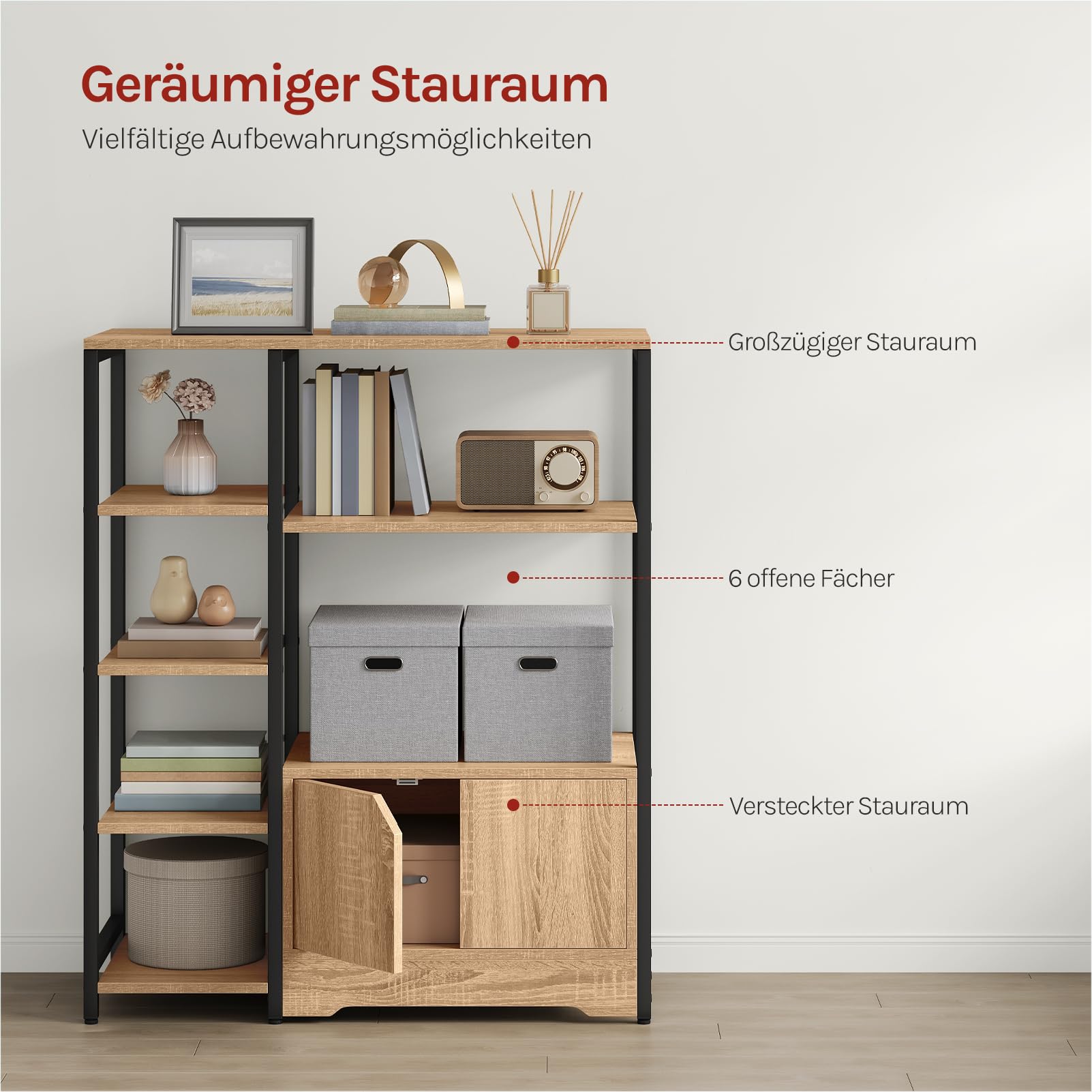 WOLTU Bücherregal, Standregal, Bücherschrank mit Türen, für Wohnzimmer Schlafzimmer Küche, Industrial, Metallrahmen, 80x97x35 cm, schwarz+helle Eiche, RGB08hei