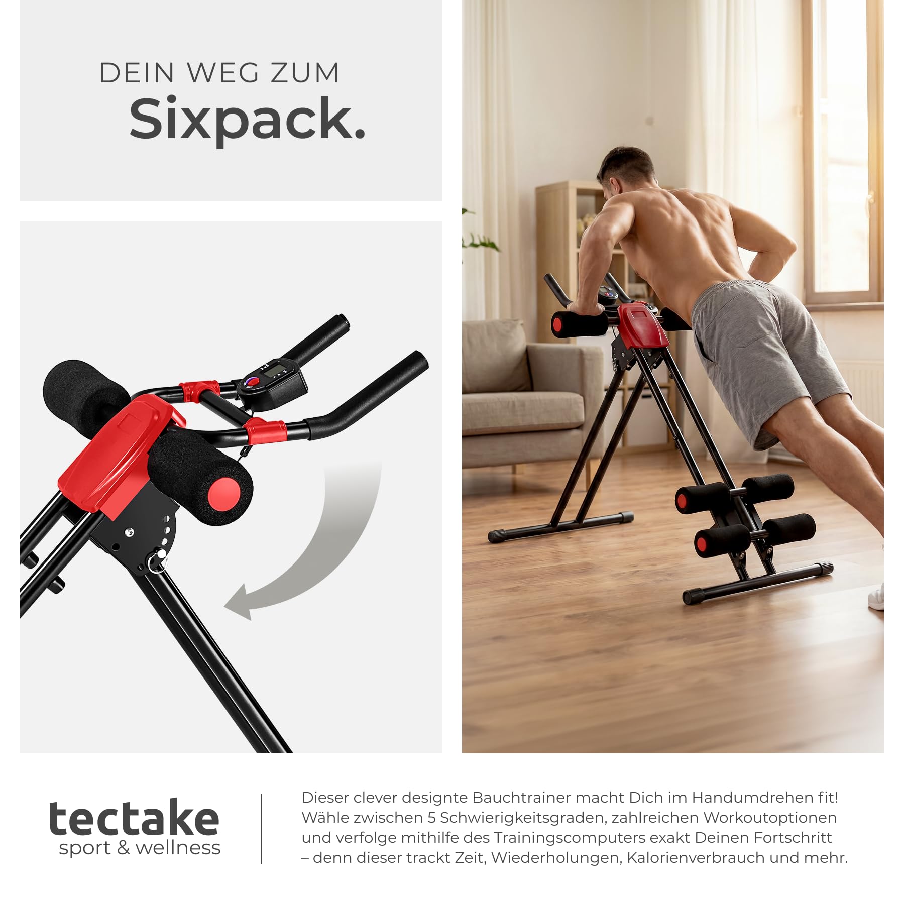 tectake® 5-fach verstellbarer Bauchtrainer Rückentrainer, Bauchmuskeltrainer, AB Trainer mit Trainingscomputer, faltbarer Home Trainer für Sport Zuhause, Krafttraining Zuhause, Home Workout