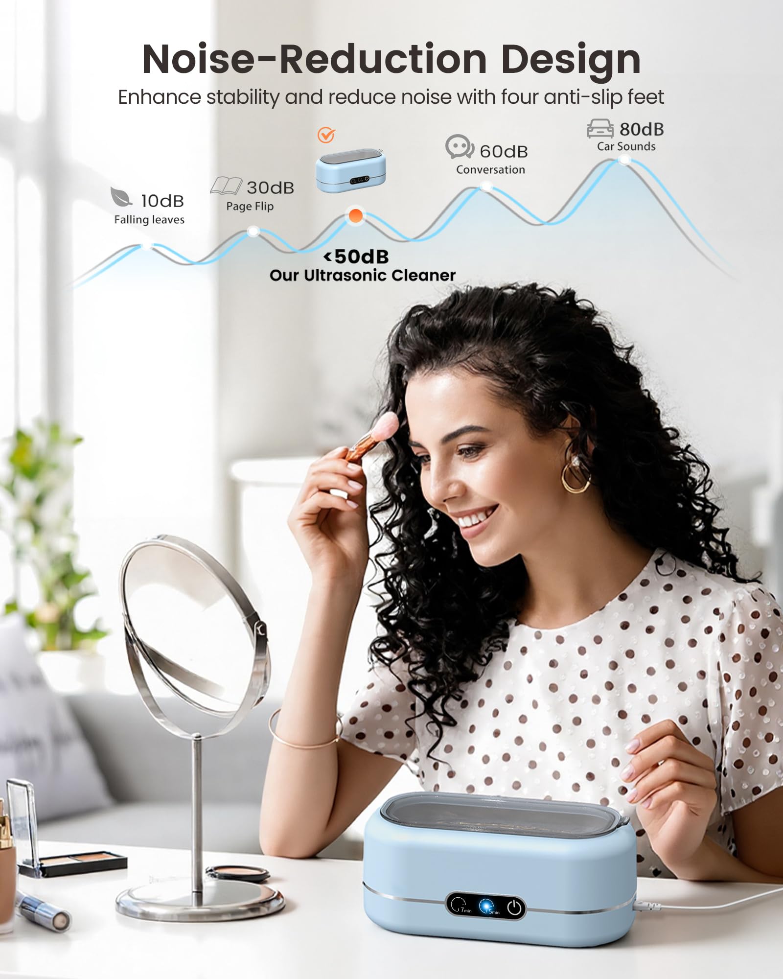 Limpiador ultrasónico de joyas, limpiador de joyas mejorado, máquina ultrasónica de 48 KHz para todas las joyas, lentes, correas de relojes, dentaduras, retenedores y más, azul claro