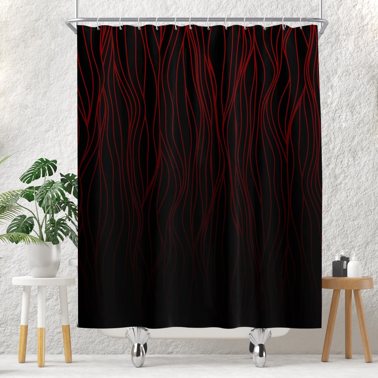 EOVDSFW Red and Black Shower Curtain for Bathroom Set Dark Burgundy Gothic Goth Abstract Anime Modern Men Striped Bath 60 x 72 Inch Decorative