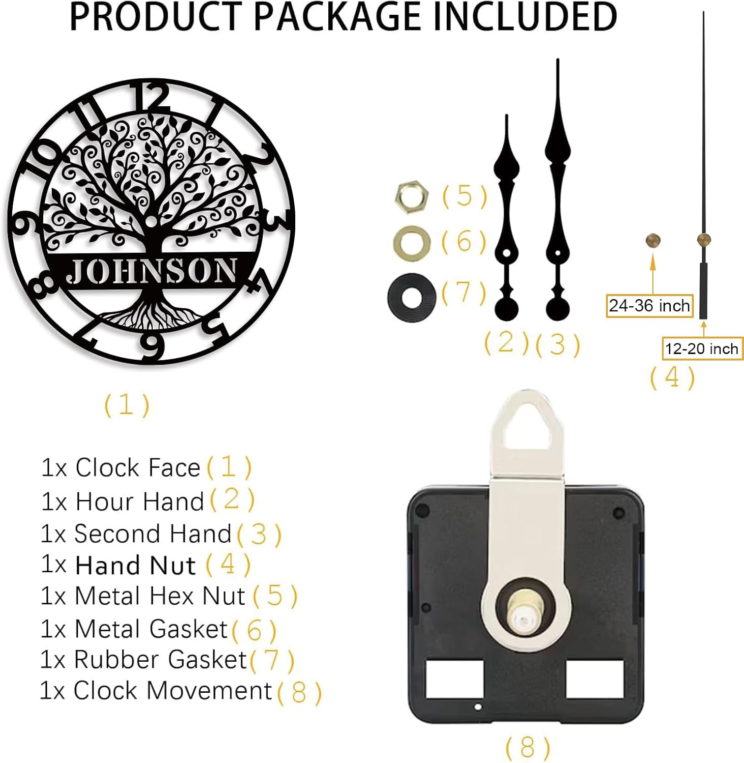 Personalized Metal Wall Clock with Tree of Life Design, Custom Family Name Clock, Decorative Steel Wall Art, Housewarming Gift, Living Room Bedroom Kitchen Home Decor