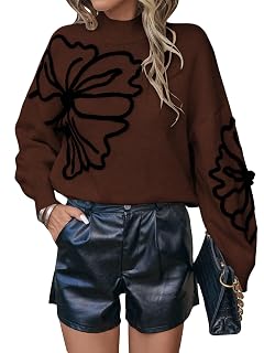 Verdusa Womens Old Money Clothes Floral Mock Neck Long Sleeve Sweaters Dressy Embellished Pullover Knit Tops