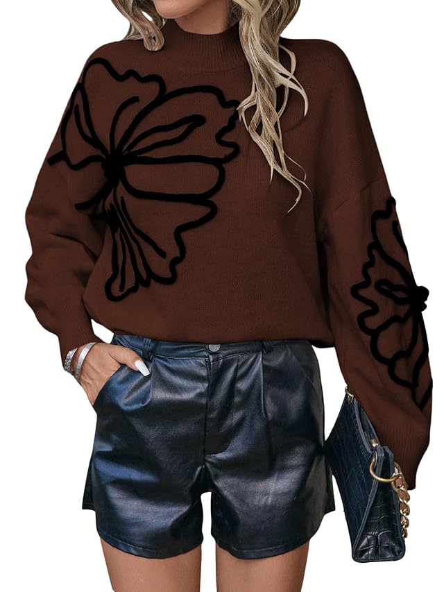 Verdusa Womens Old Money Clothes Floral Mock Neck Long Sleeve Sweaters Dressy Embellished Pullover Knit Tops