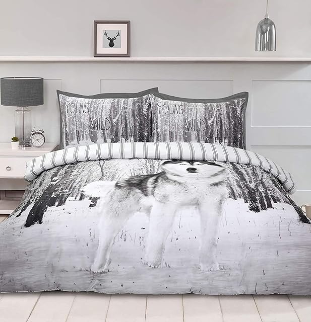 Night Comfort 3D Wolf Snow Forest Duvet Cover and Pillowcases, 200x200cm - Printed Luxury Polycotton Quilted Bedding Set for Bed Room - Super Breathable Hypoallergenic Full Bed Cover Set
