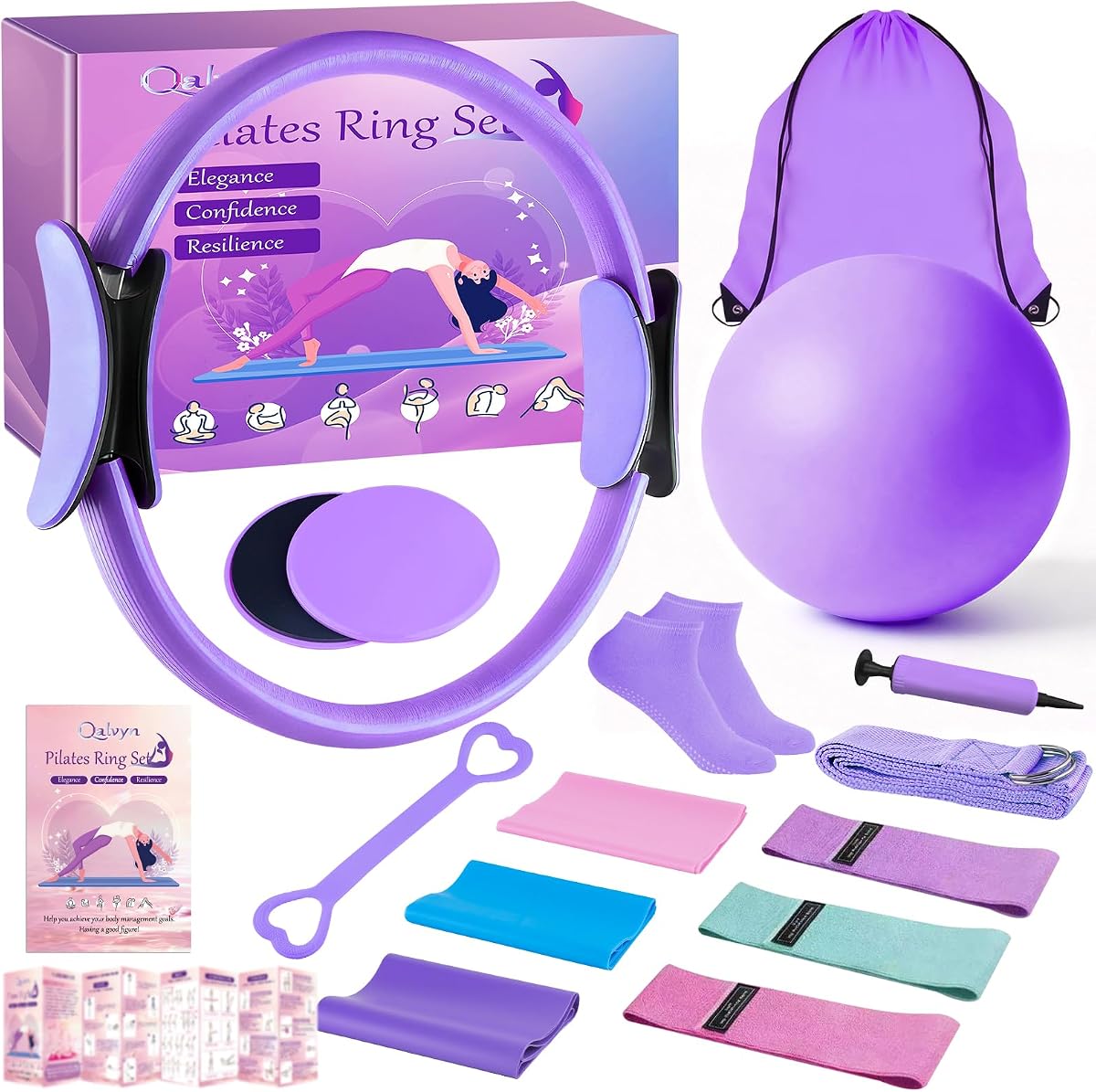 Kit de pilates en casa para mujer, juego de anillos de pilates, kit de equipo de pilates para mujeres, entrenamientos en casa, kit esencial de pilates con anillo y pelota de pilates, bandas de resistencia para fuerza, tonificación, flexibilidad