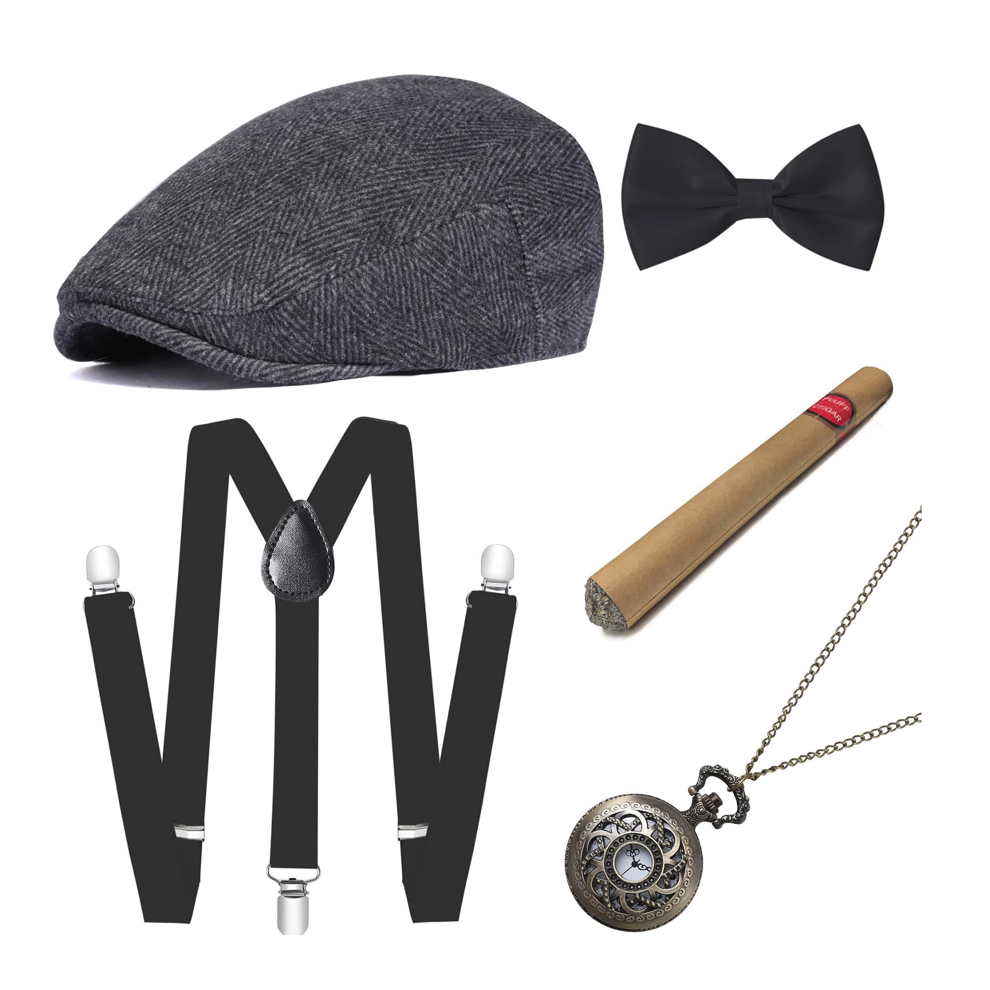 BABEYOND 1920s Mens Gatsby Gangster Costume Accessories Set 30s Manhattan Fedora Hat Bow Tie Suspenders