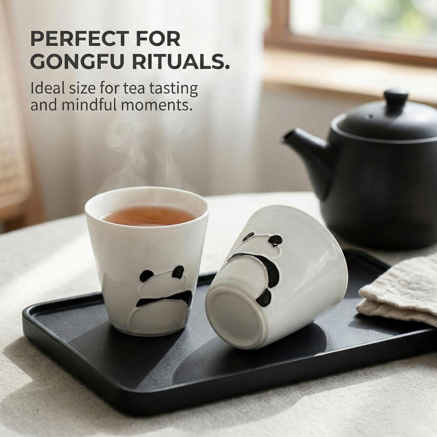 1.9 inch Ceramic Panda Tea Cup - Hand-Painted Design, Japanese Yunomi Style - White Porcelain Kung Fu Tea Cup for Tea Ceremony