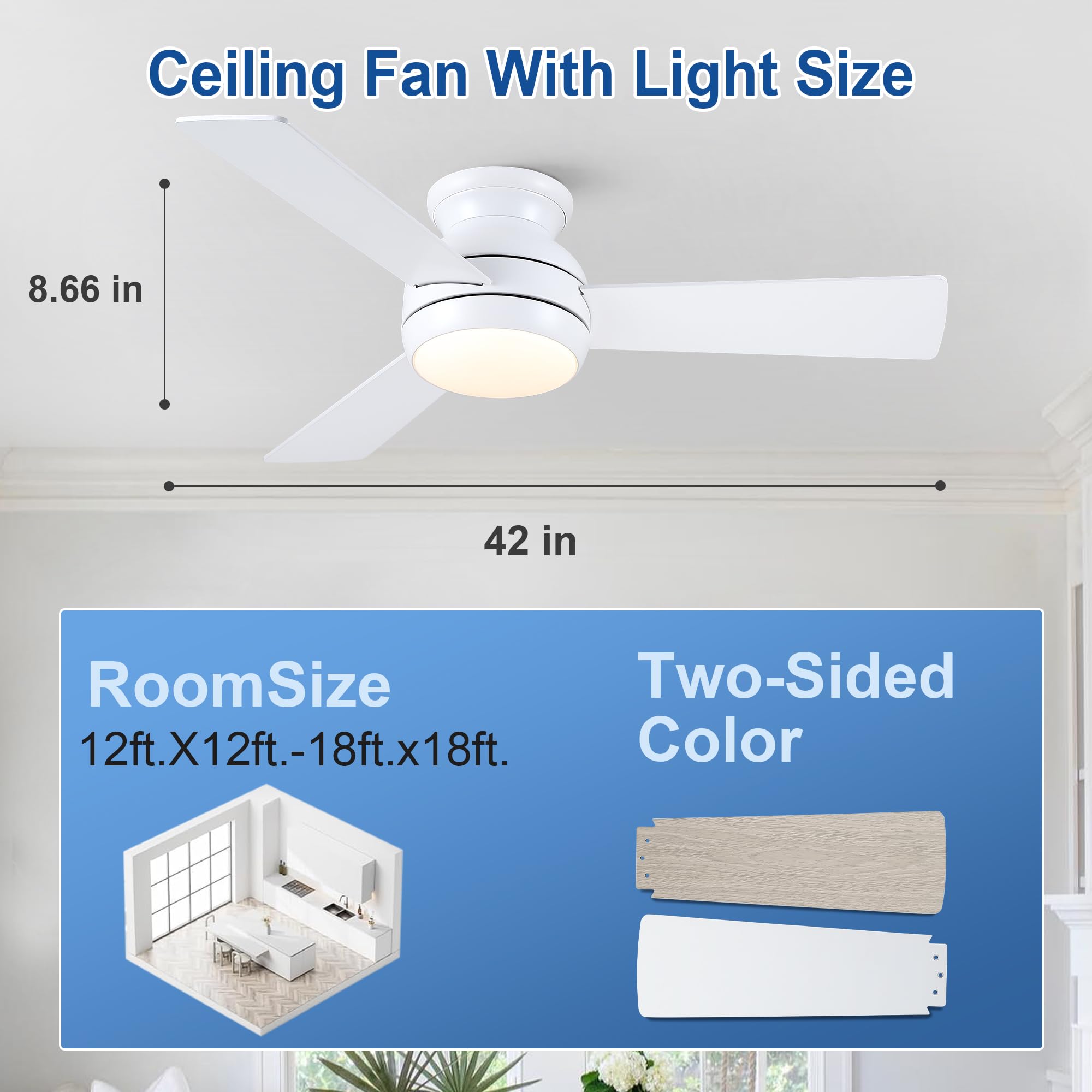 42 Inch Ceiling Fans with Lights and Remote White Low Profile Ceiling Fan with Light Flush Mount Reversible — view 7