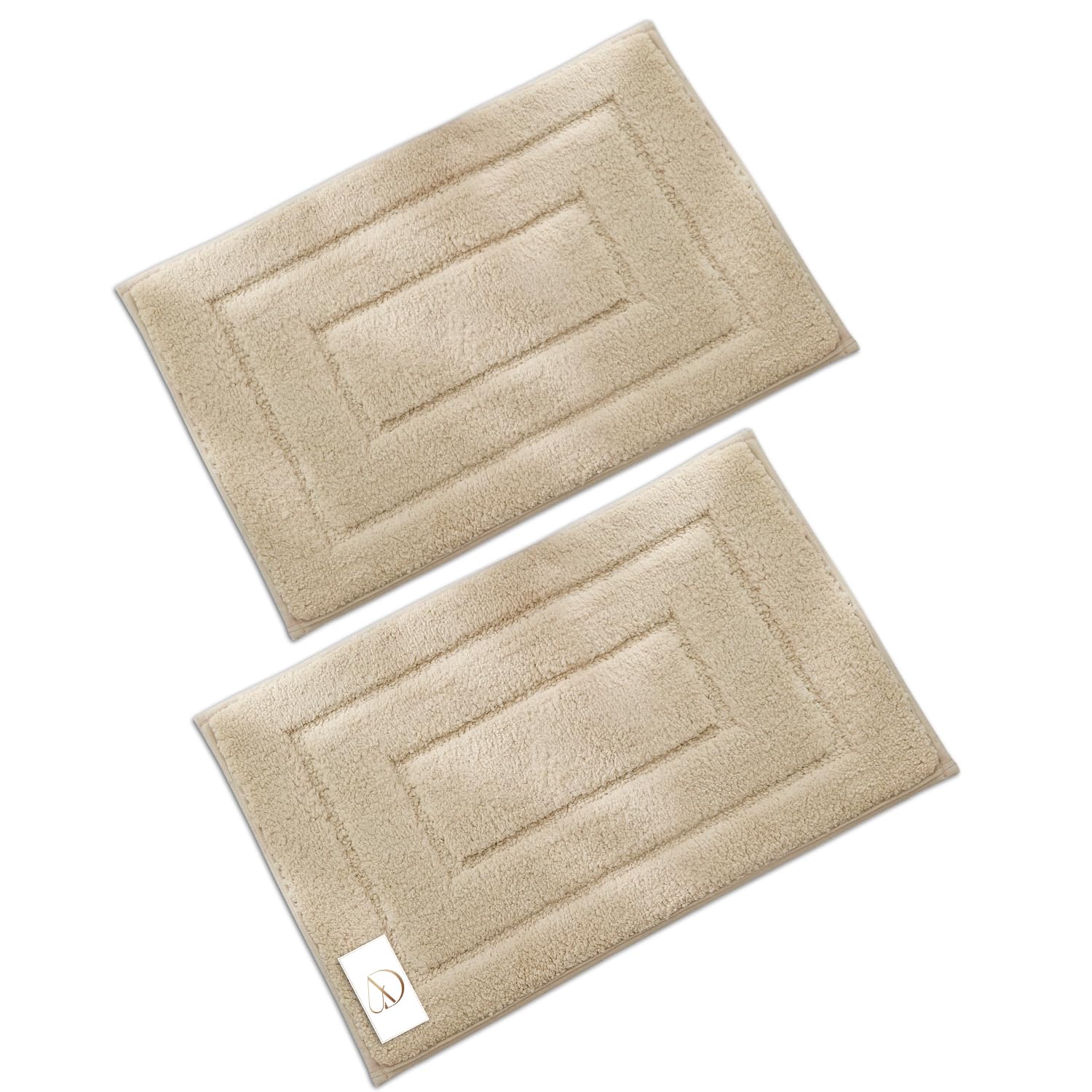 Aind 2-Piece Bathroom Mat Set | Non-Slip Washable Bath Mats, Stain-Resistant Thin Geometric Flocking Rug | Absorbent Bathroom Mat, Door Mat, Anti-Slip Floor Mat for Bathroom & Entryway (Beige)