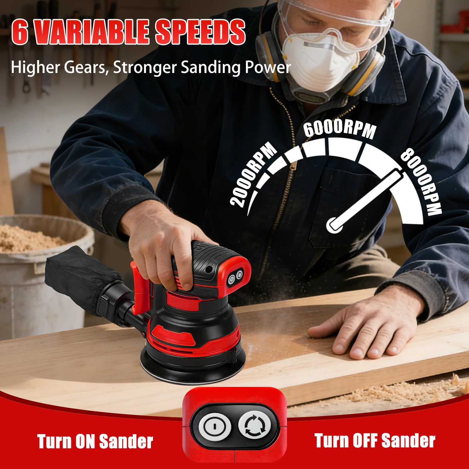 Lijadora orbital inalámbrica compatible con batería Milwaukee M de 18 V (sin batería), 125 mm sin escobillas, lijadora manual eléctrica de 4000 – 8000 rpm, 3 velocidades, 21 hojas de papel de lija y