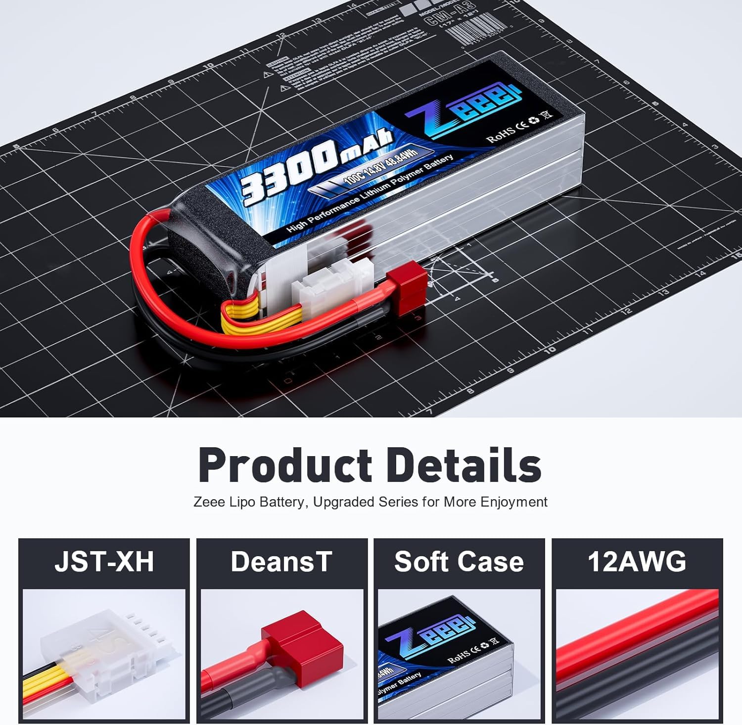 Zeee 4S Lipo 3300mAh 14,8V 100C Softpack RC Akku mit T Stecker(2 Packungen) | RC Batterie für RC-Flugzeug, Hubschrauber, RC-Boot, UAV, Drohne, FPV, RC-Auto, LKW, Boot