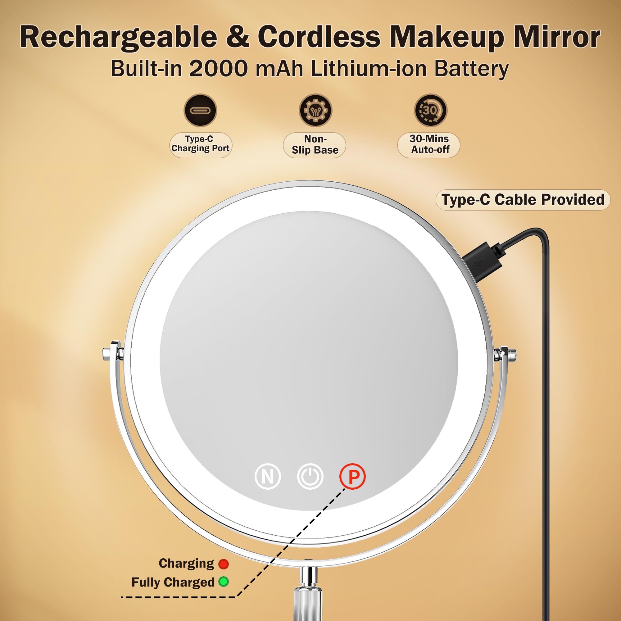 Espejo de maquillaje grande iluminado de 9 pulgadas, altura ajustable y 3 luces regulables de color, espejo de aumento 1X/10X con luz, 80 luces LED, rotación de 360°, espejo de tocador de