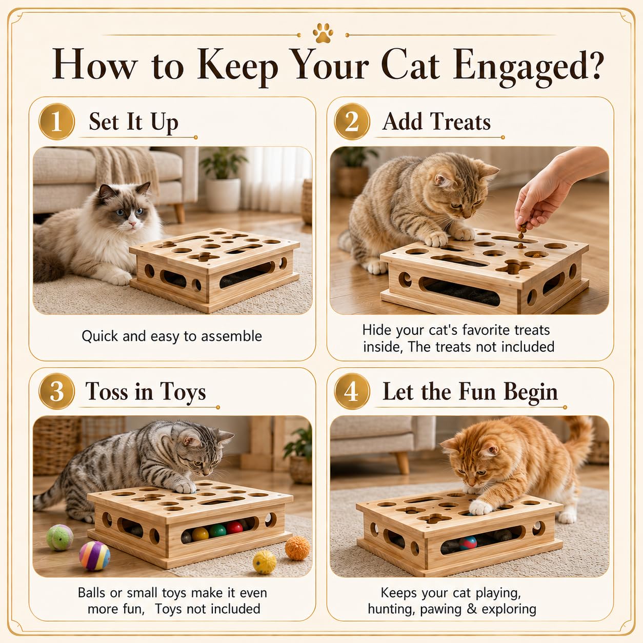 Boîte d'Enrichissement pour Chat, Boîte à griffer en Bois pour Chat, Grand Jouet d'enrichissement, 39 x 30 cm, Jouet Chat Interieur en Bois avec Lime à Ongles, Papier de Verre et 3 balles