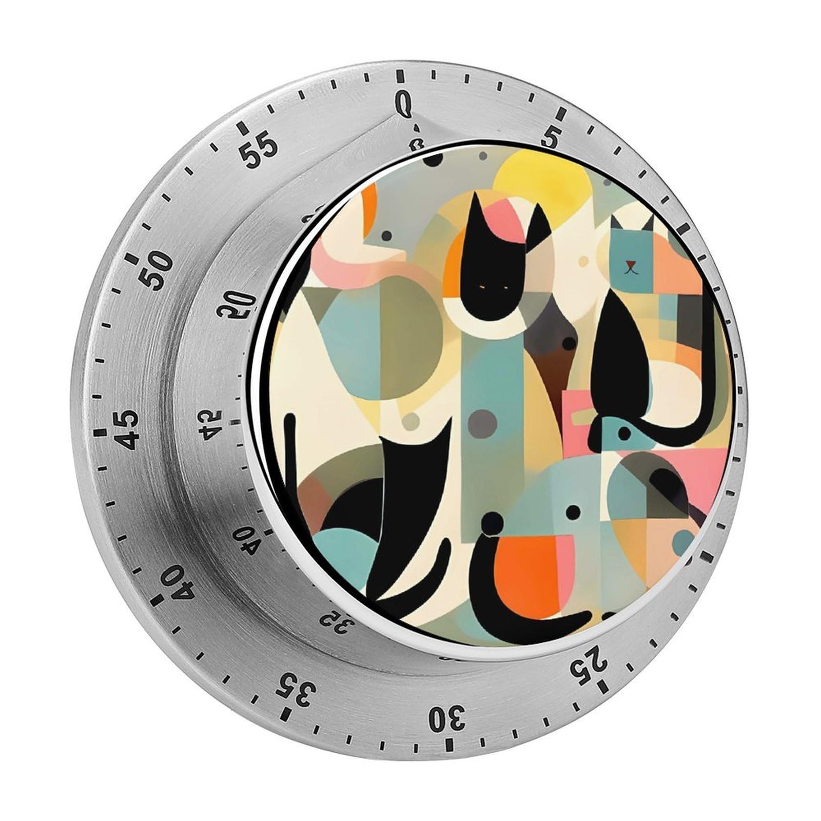 Mid-Century Modern Art Cat Mechanical Kitchen Timer 60 Minute Wind Up Magnetic Timer Heavy Duty Stainless Steel Egg with Loud Alarm Manual Countdown Clock for Cooking, Office, Gym