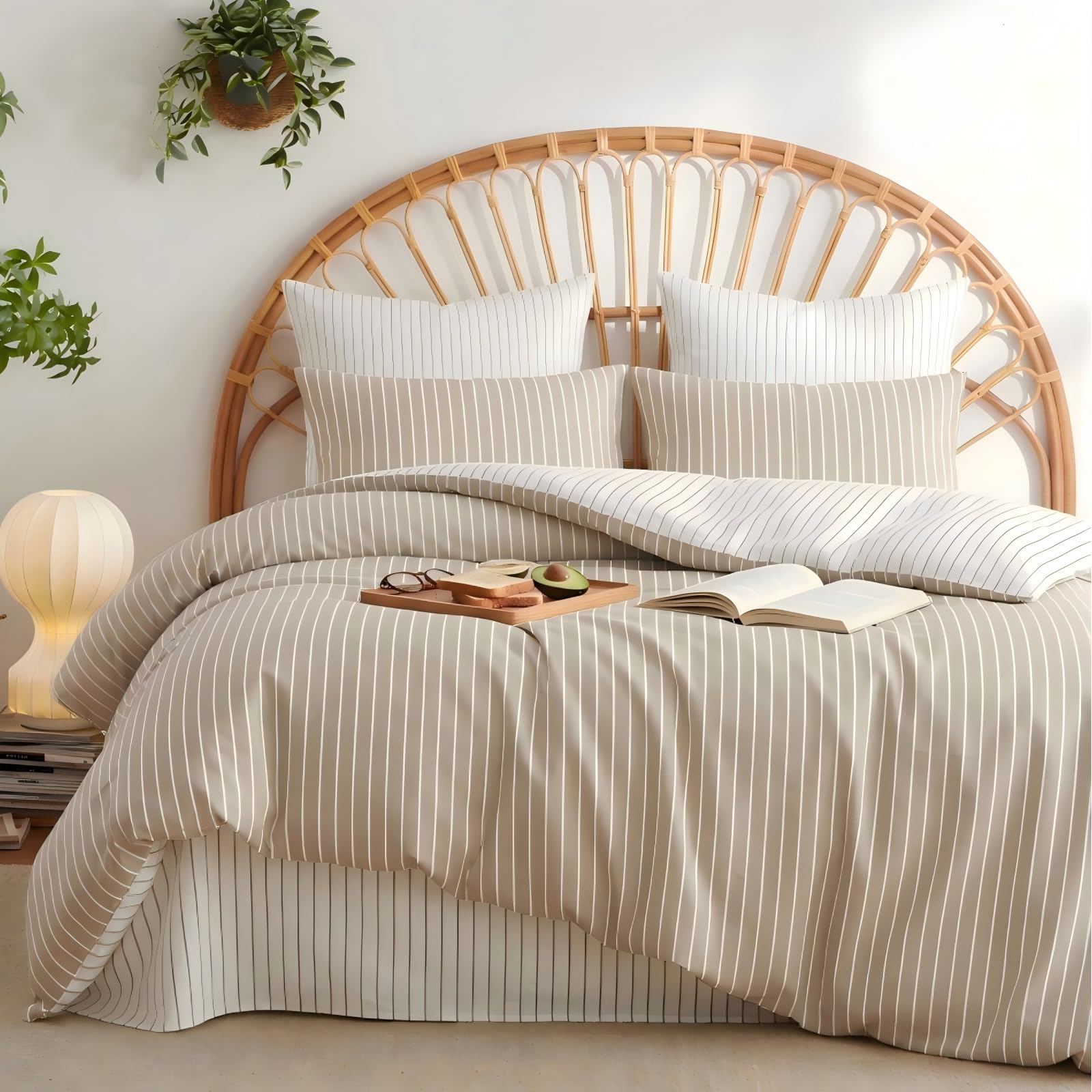 Freyamy Bettwäsche 200x200 Baumwolle Khaki Weiß Gestreifte Bettwäsche Set | Bettwäsche für Allergiker, Aesthetic Bettwäsche Gestreift, ÖKO-TEX Bettbezug mit Reißverschluss und 2 Kissenbezug 80x80cm