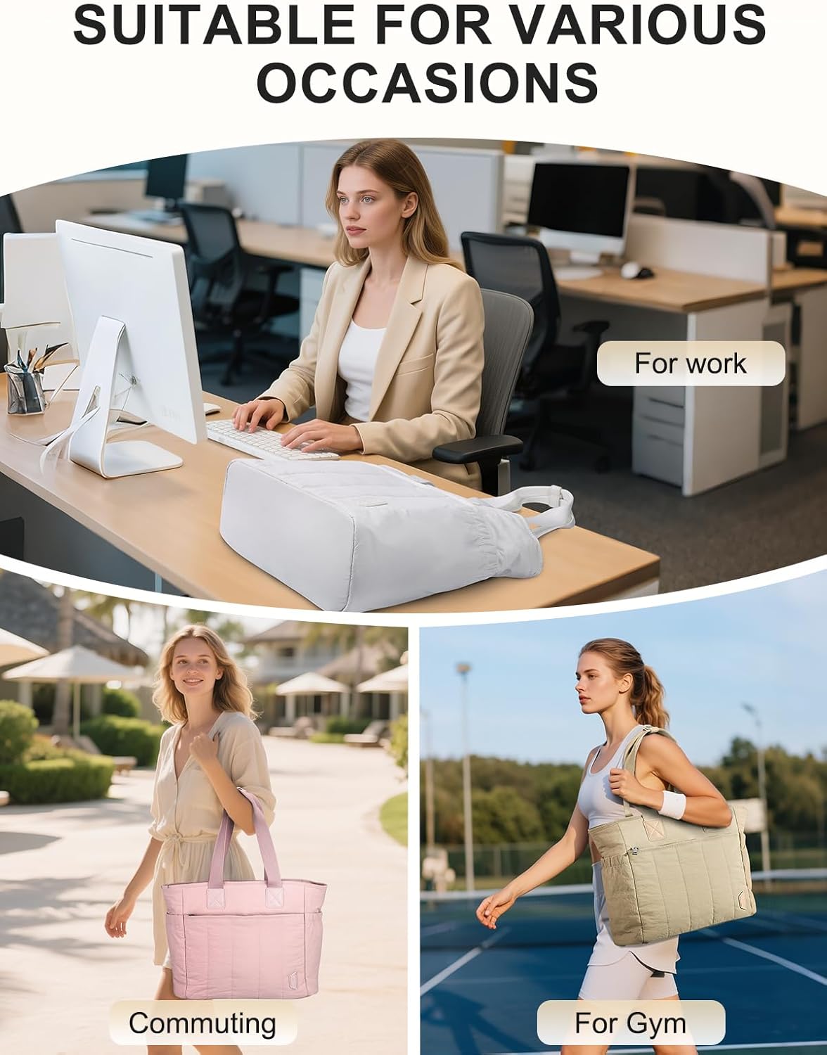 VASCHY Puffer Tote Bag for Women, Lightweight Utility Work Quilted Puffy Laptop Tote Purse with Compartments Zipper for Teachers/Travel/Everything Khaki