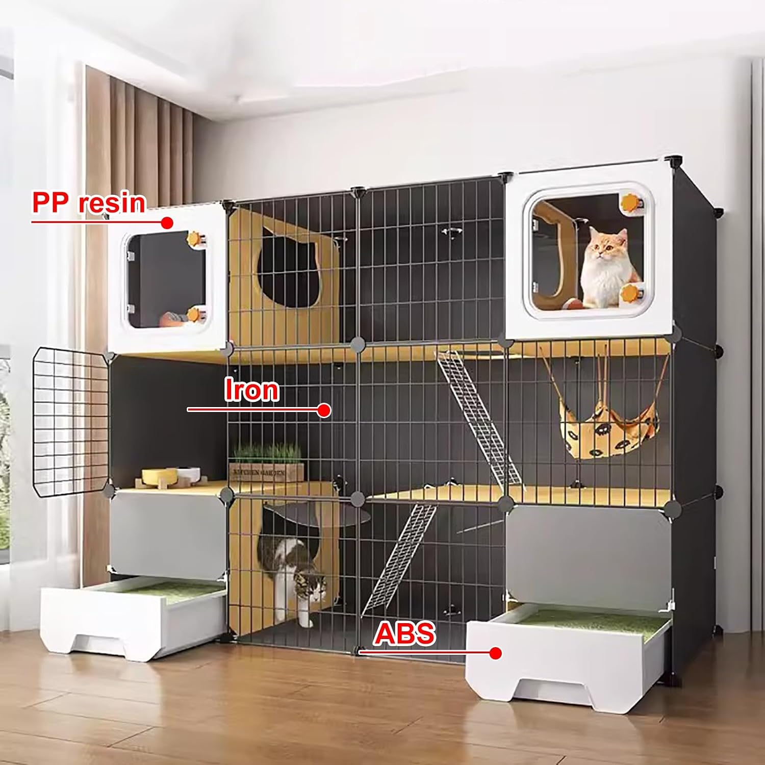猫 ケージ 大型、3段 猫ゲージ 屋内用 2つのトイレ付き、猫 ケージ 持ち運び、猫用囲い、猫用犬小屋 【滑り】 屋内用、猫