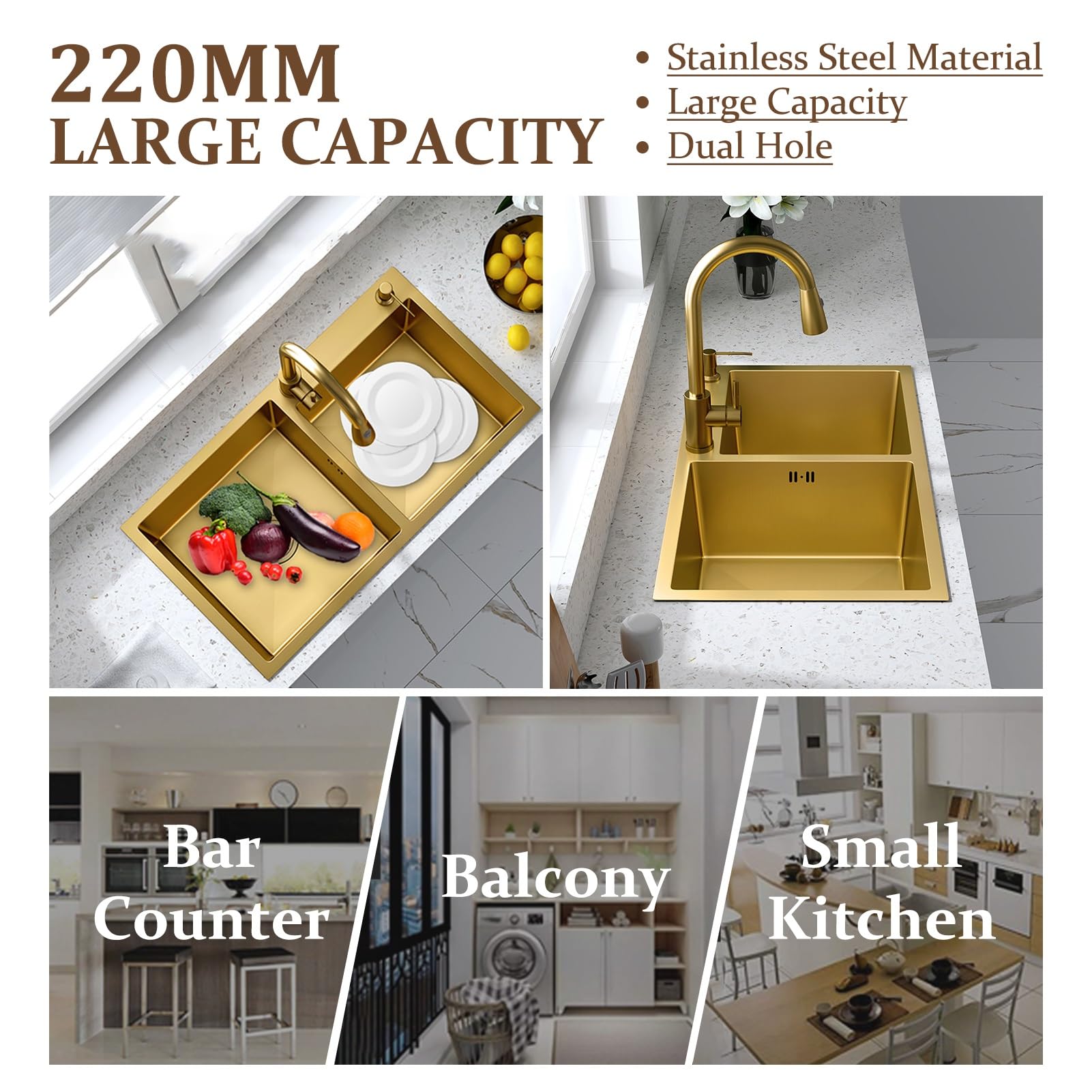 Fregadero de cocina de acero inoxidable cepillado dorado con doble tazón, moderno lavabo de gran capacidad con cesta de drenaje y sistema de drenaje, instalación superior/empotrado/bajo montaje