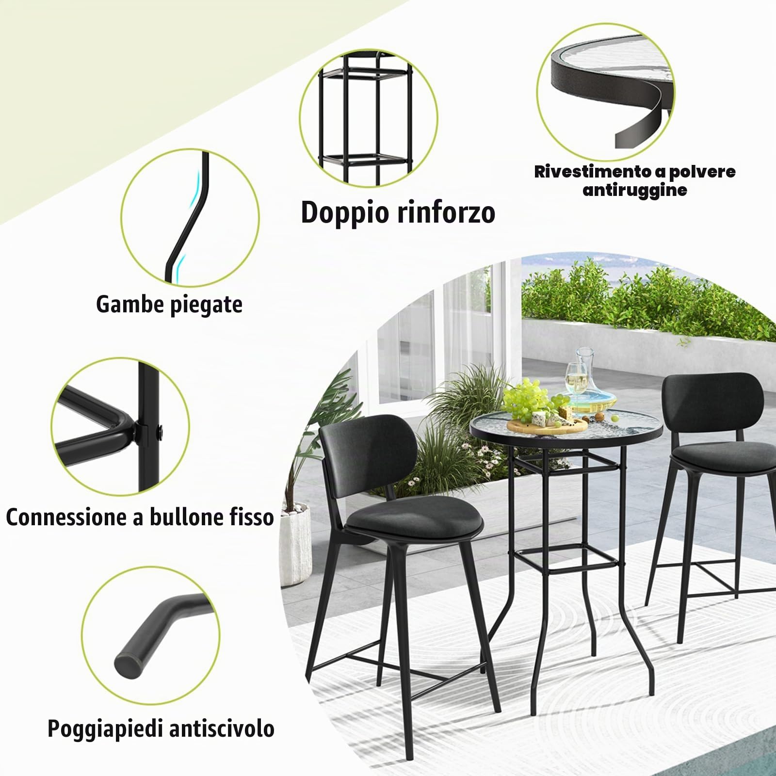KOMFOTTEU Tavolo Bar Alto in Vetro Temperato, Ø 68 cm, Alt. 97 cm | Bancone Bar da Casa per Bistrot, Penisola Cucina Struttura in Metallo, Tavolino Stretto, Nero