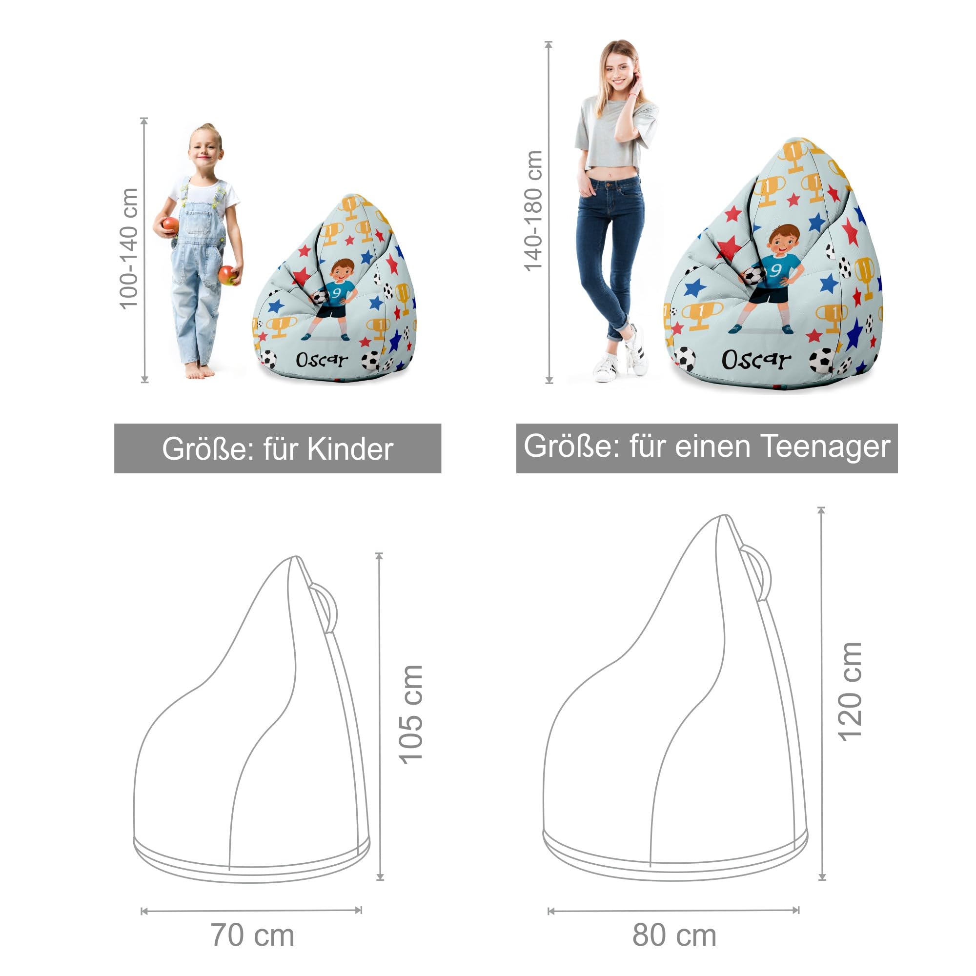 DreamRoots Personalisierte Sitzsack Kinder mit füllung - Personalisierte Geschenke Kinder - Sitzsack Kinderzimmer 80x80x120cm - Bean Bag - Kindersitzsack