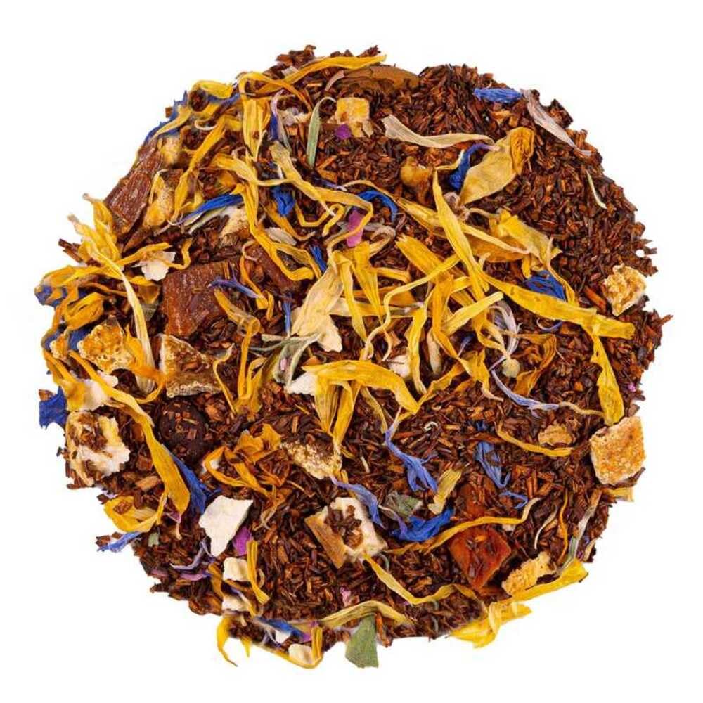 Rooibos de Frutas Exóticas y Vainilla a Granel 100 Gramos - Cultivo Sostenible - Ingredientes Naturales: Aciano, Albaricoque, Caléndula, Mango, Miel, Naranja, Papaya, Pimienta, Plátano, Vainilla.