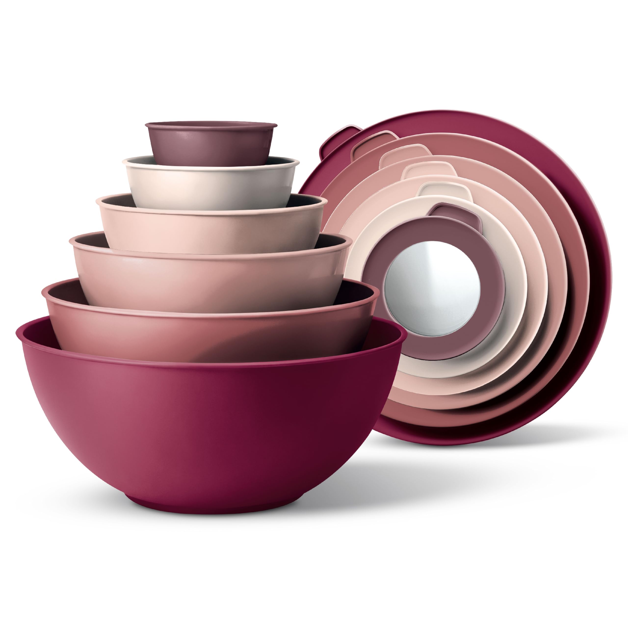 COOK WITH COLOR Mixing Bowls with Lids - 12 Piece Plastic Nesting Bowls Set includes 6 Prep Bowls and 6 Lids, Microwave Safe Mixing Bowl Set, Rose TPR Lid