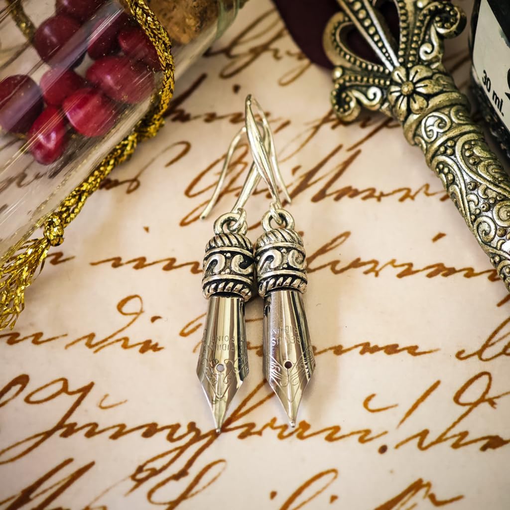 Pen Nib Earrings in Gold colour in gift Velvet Pouch with no allergic Sterling Silver 925 Ear Wire Closure