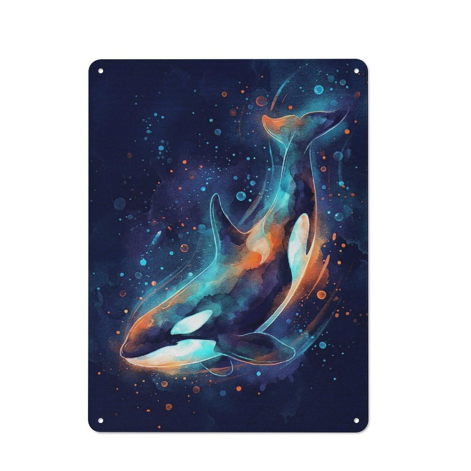 Retro Watercolor Orca Whale in Deep Blue Vintage Tin Sign 40x30cm, Retro Room Decor for Lounge, Study, Pub Or Wall Gallery
