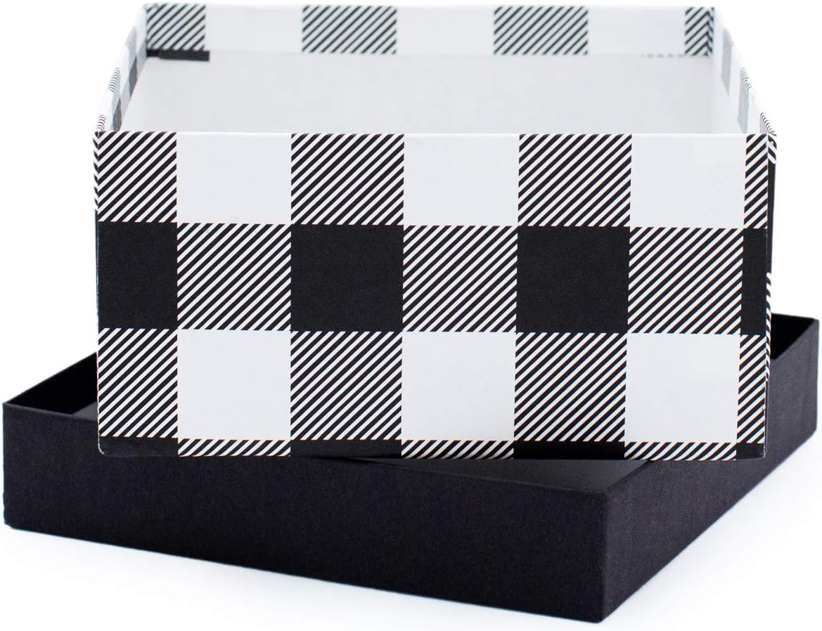 Made in USA Recycled Paper Kraft Boxes – 6.25”, 7.25” & 8.25” – Nested Squared Boxes with Lids (Large Set of 3 - Black Buffalo Plaid)