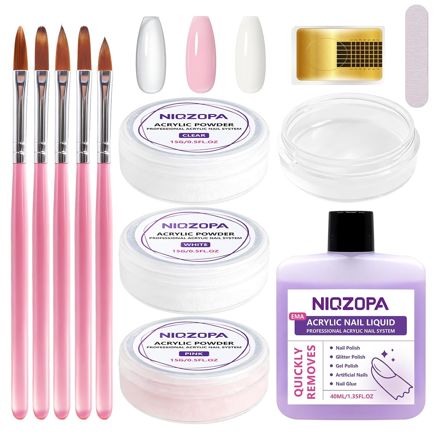 Acrylic Nail Kit for Beginners, Clear White Pink Powder& Liquid Set