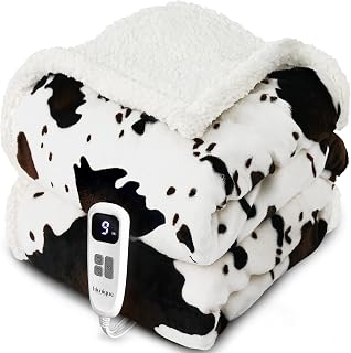 blunique Heated Throw Blanket 50x60 Cow Print White - Fast Heating Electric Blanket, 10 Heat & Timer Settings, Soft Flannel, Auto Shut-Off